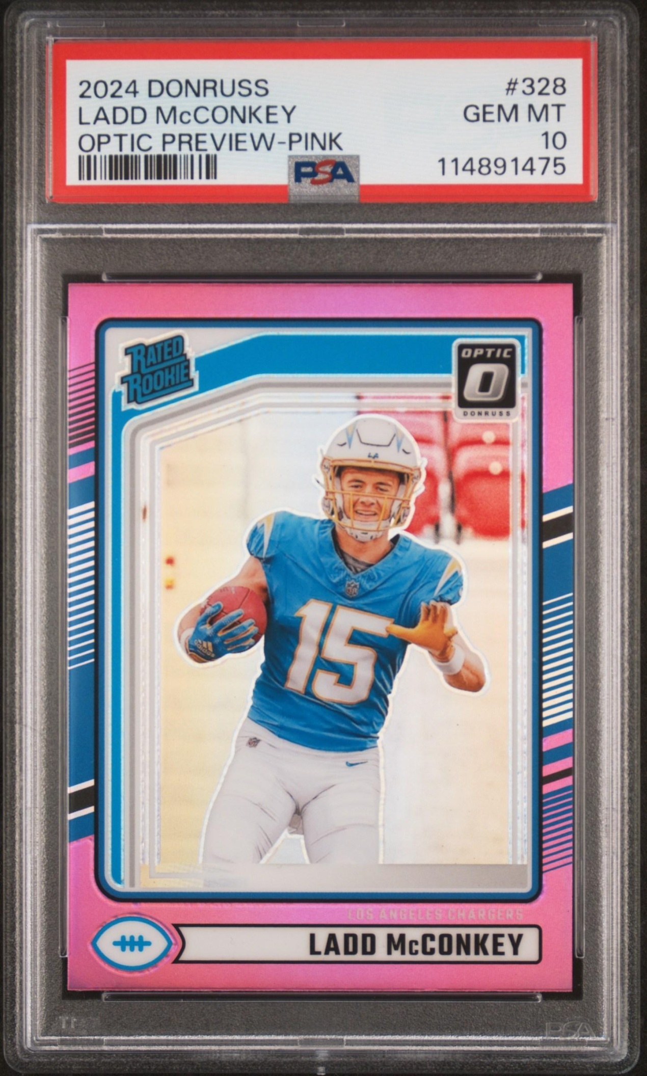 Card image for 2024 Panini Donruss Ladd McConkey Optic Rated Rookie Preview Red and Green #328 Chargers