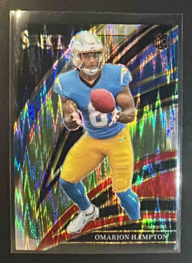 Card image for 2025 Panini Select Omarion Hampton #202 Club Level Red and Blue Prizm Shock RC