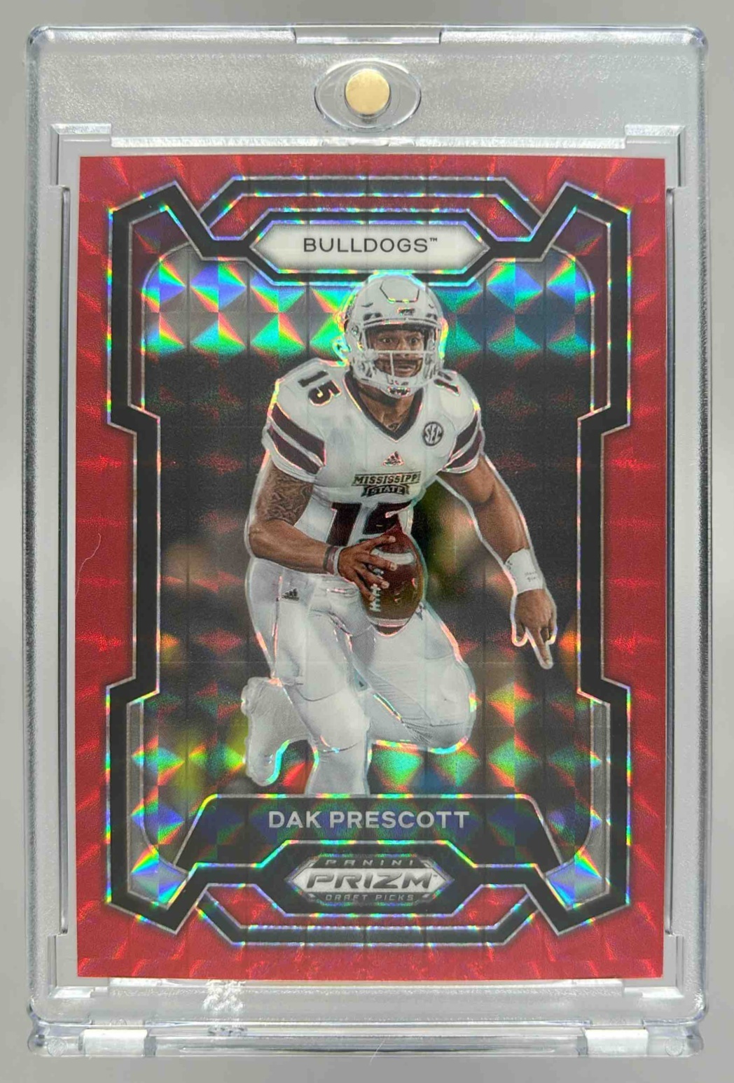 Card image for 2024 Panini Prizm Collegiate Draft Picks Dak Prescott Red Finite /125 #65 Bulldogs