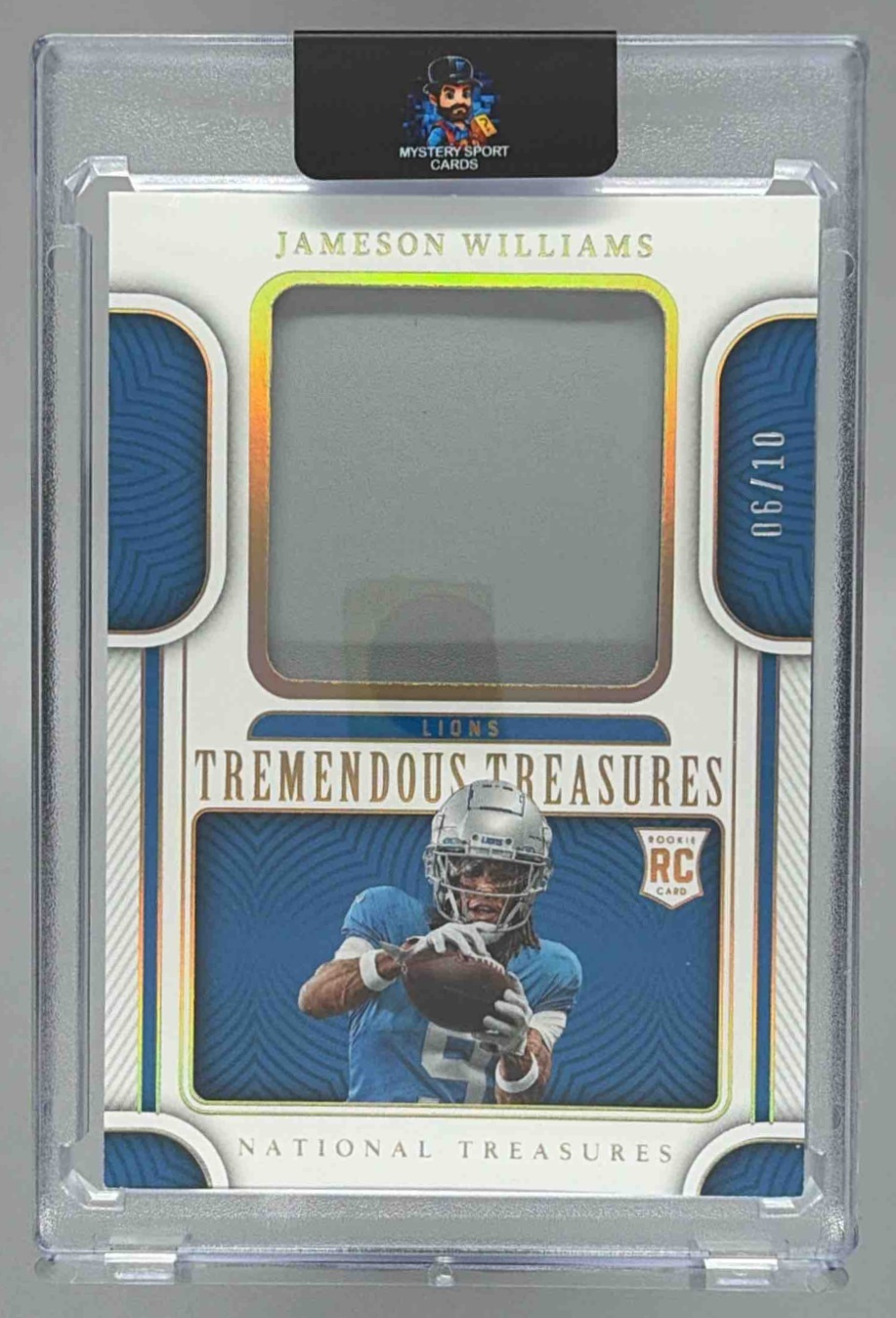 Card image for 2022 Panini National Treasures Jameson Williams Tremendous Rookies Holo Gold /10 #TTR-JWI MEM RC Lions
