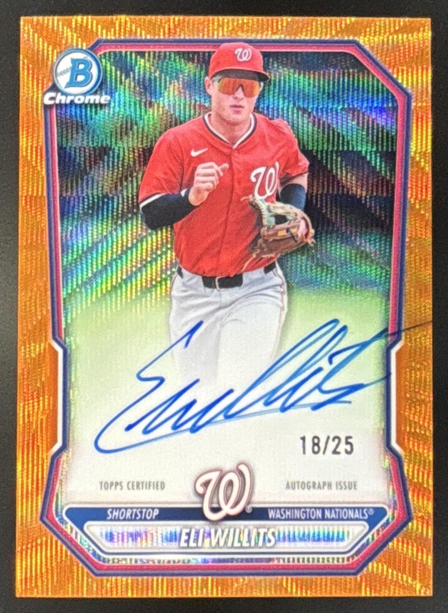 Card image for 2026 Bowman Eli Willits Chrome Prospect Auto Orange Wave Refractor /25