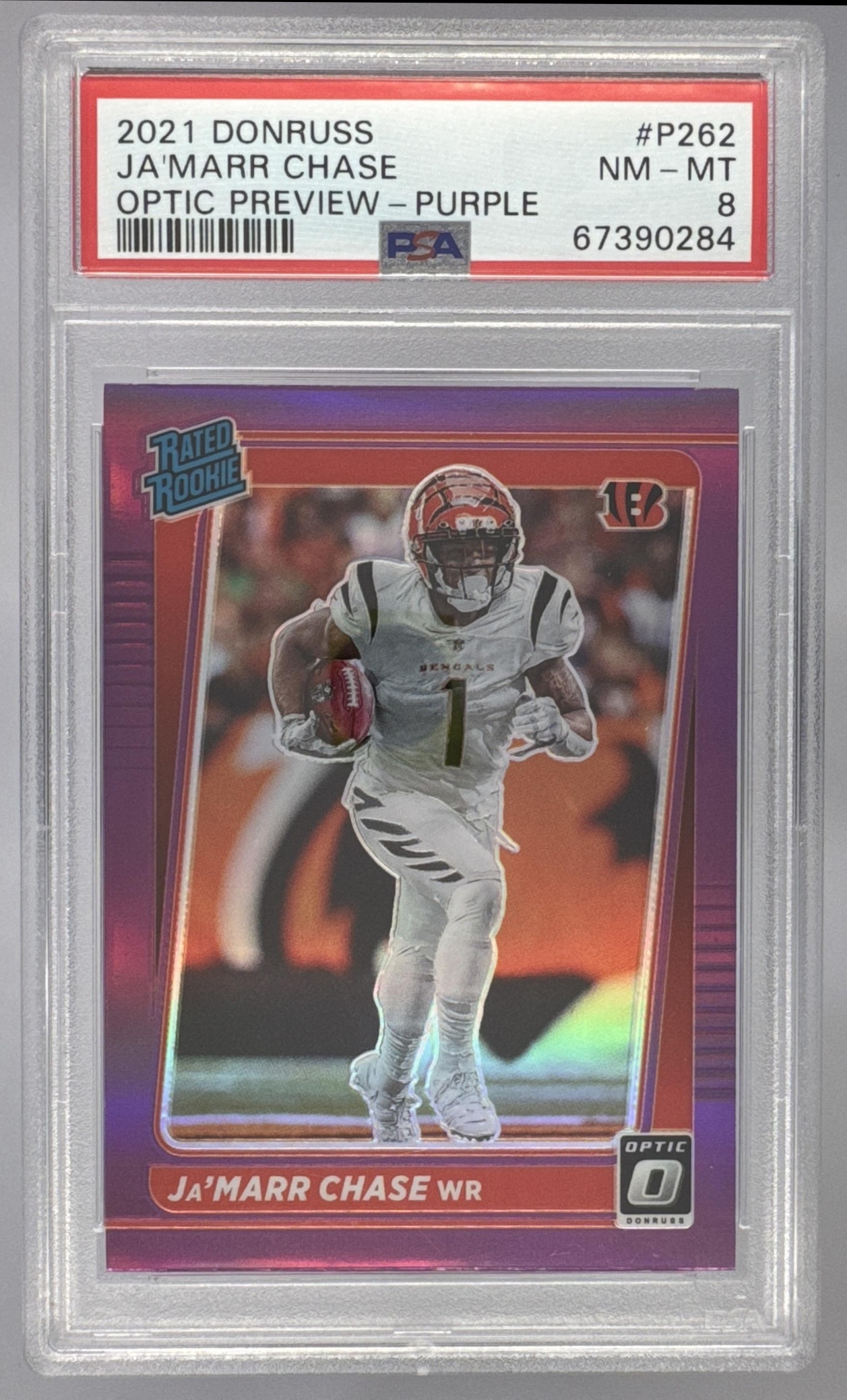 Card image for 2021 Panini Donruss Ja'Marr Chase Optic Rated Rookie Preview Purple #P-262 RC Bengals