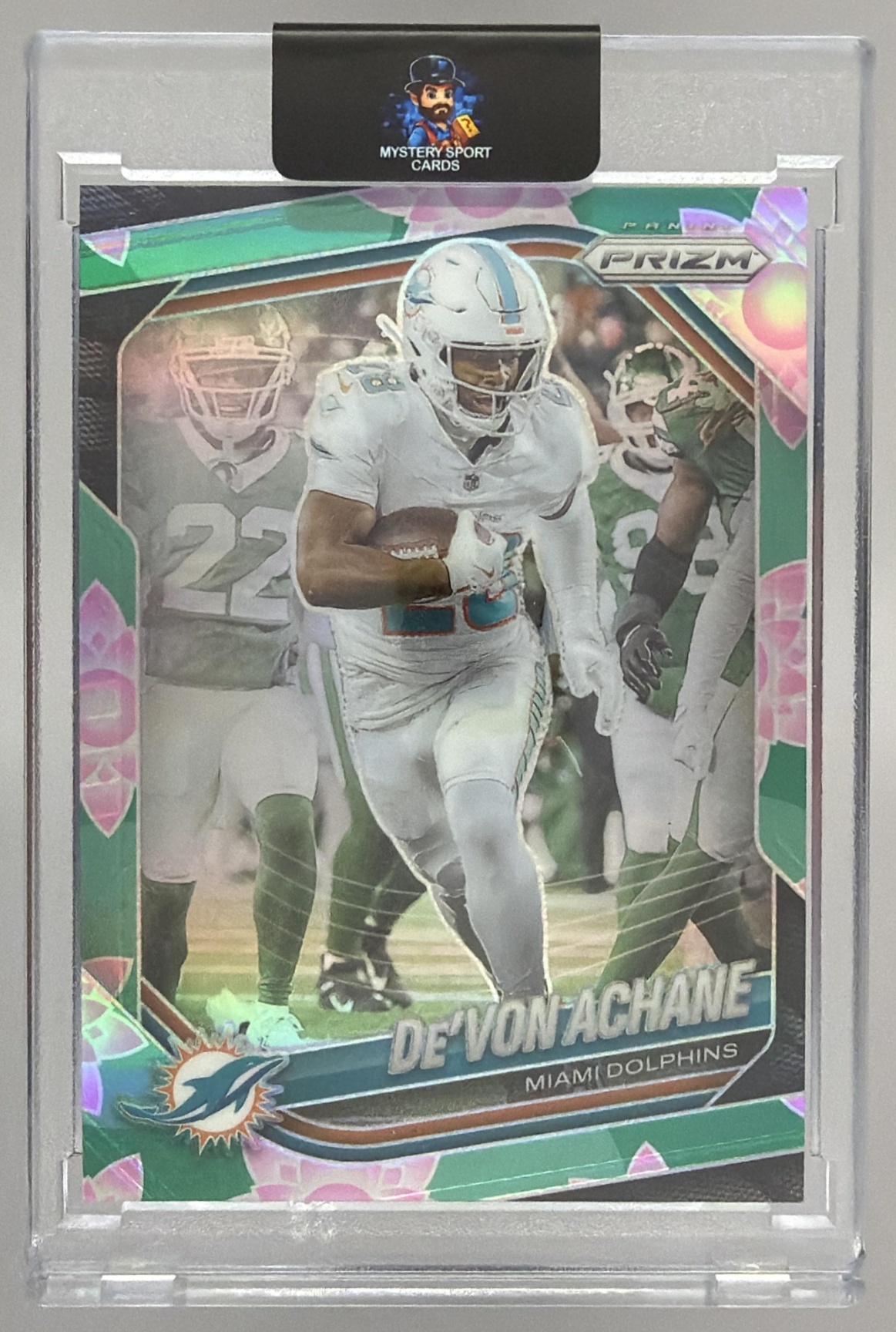Card image for 2025 Panini Football Prizm De'Von Achane Lotus Flower /18 #150 Miami Dolphins