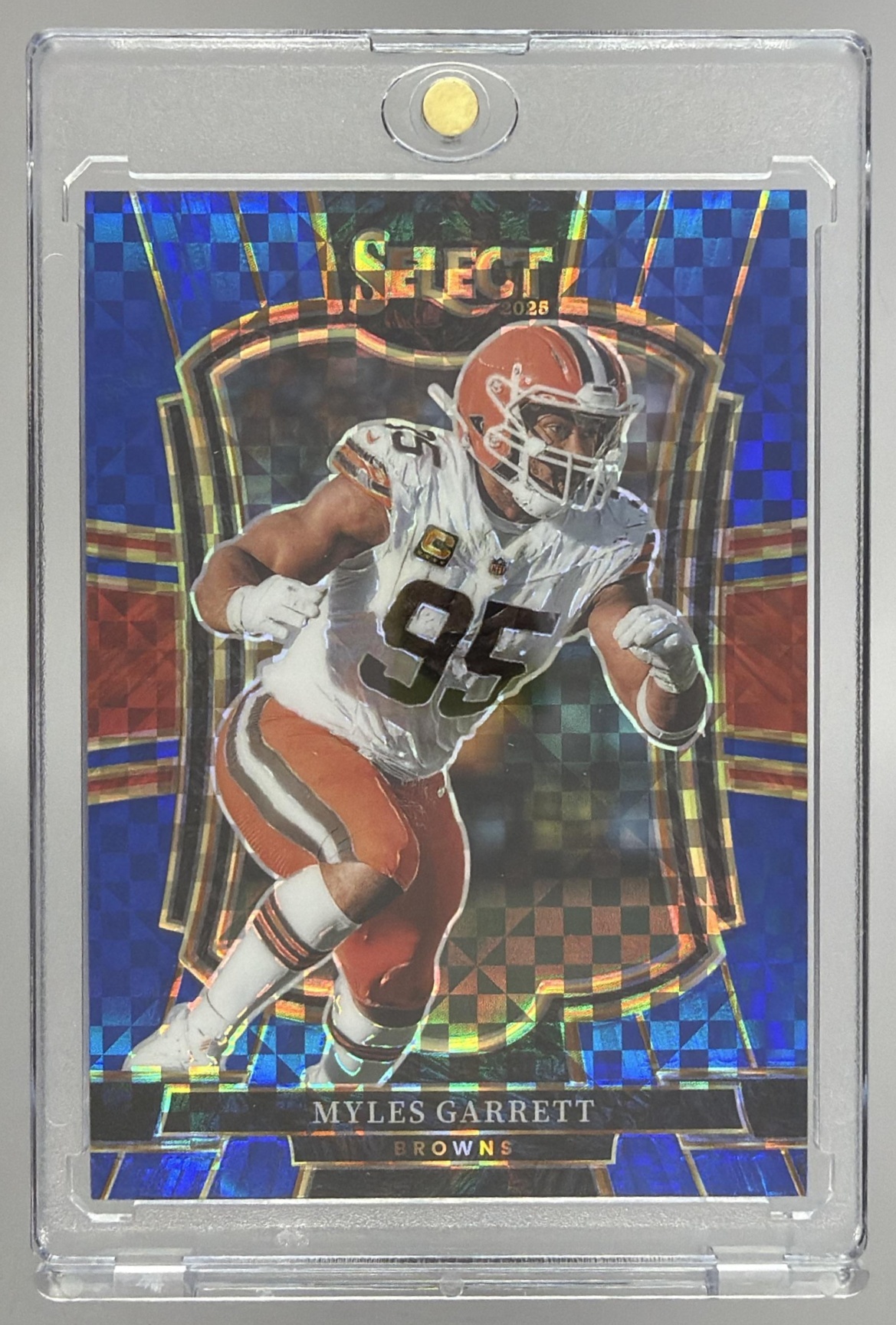 Card image for 2025 Panini Select Myles Garrett Premier Level Blue Prizm /175 #156 Browns