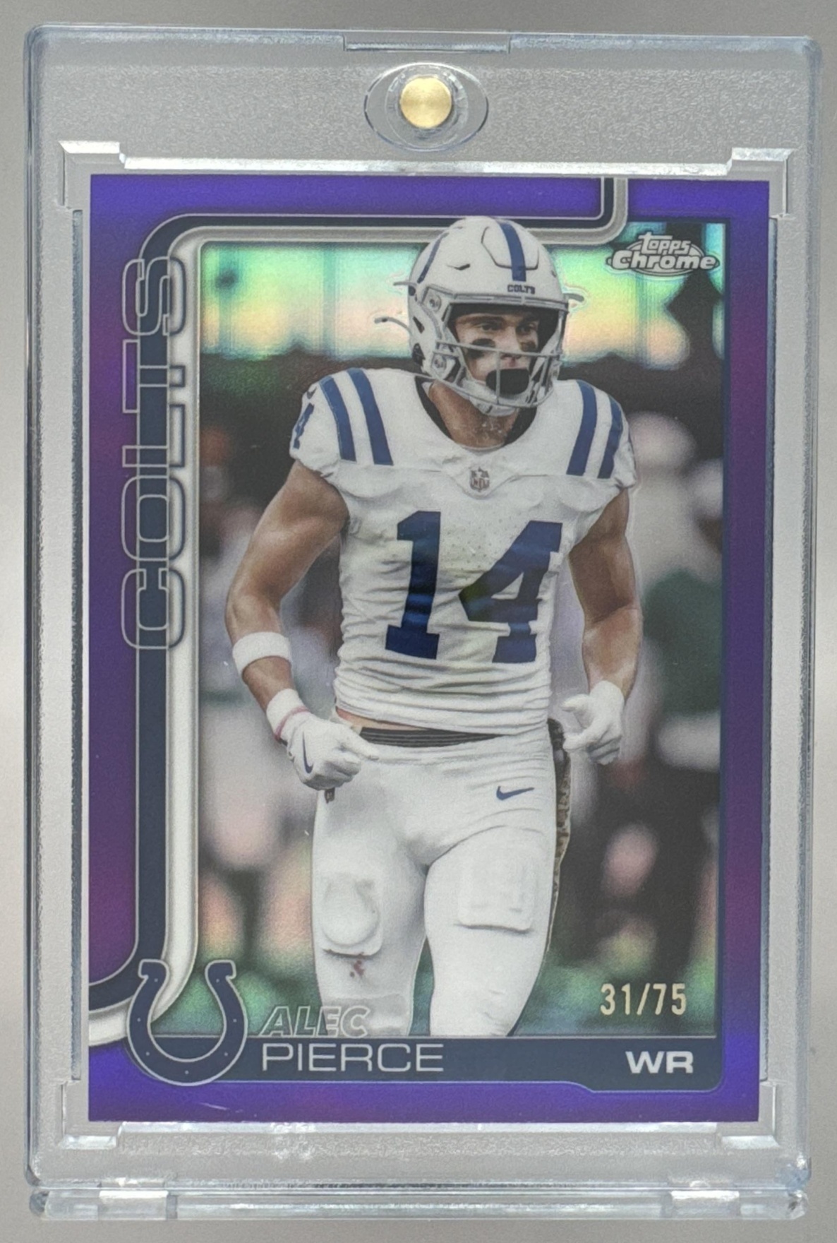 Card image for 2025 Topps Chrome Alec Pierce Football Leather Purple Refractor /75 #125 Colts