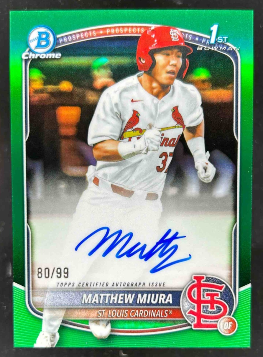 Card image for Matthew Miura 2025 Bowman Draft Chrome Prospect Auto Green Refractor /99