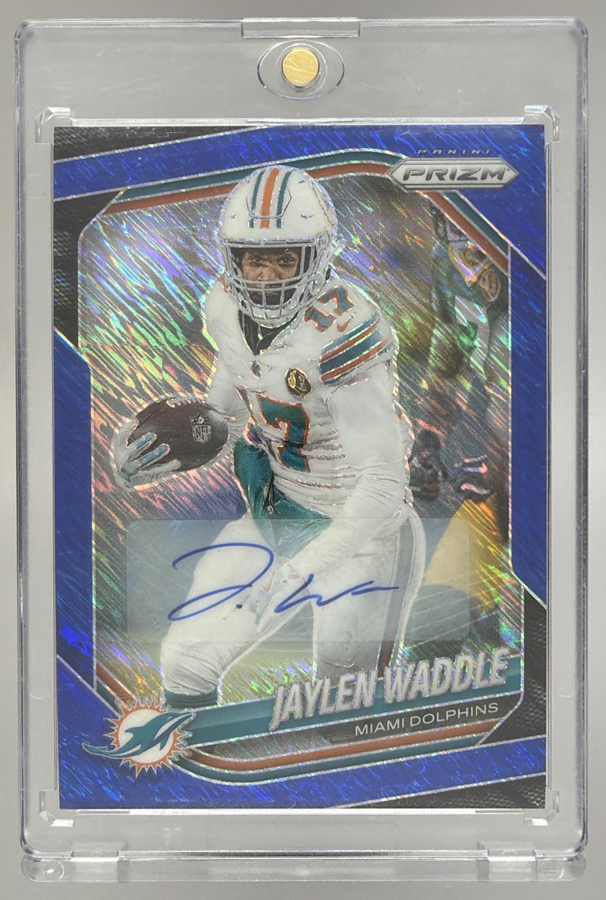 Card image for 2025 Panini Prizm Jaylen Waddle Auto Blue Shimmer /25 #172 Dolphins