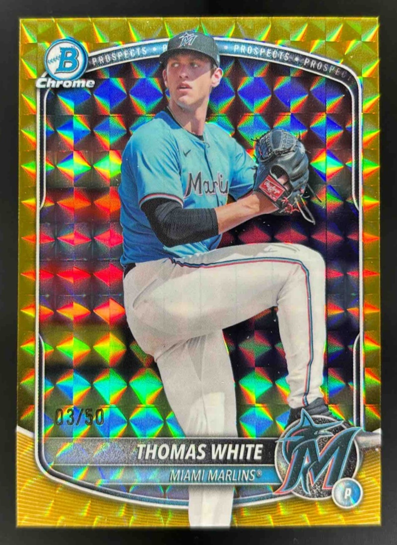 Card image for 2025 Bowman Draft Thomas White Chrome Gold Geometric Refractor /50