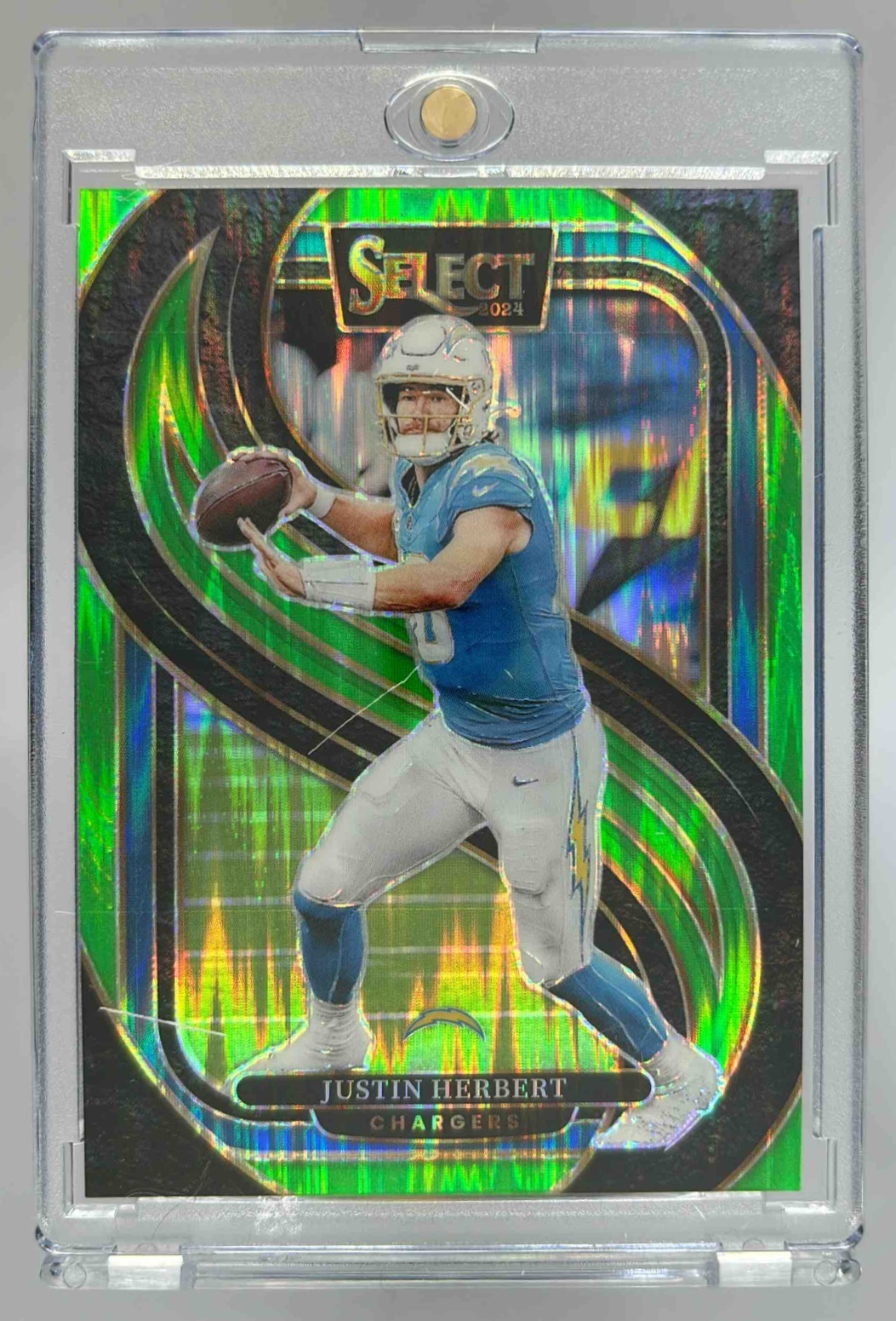Card image for 2024 Panini Select Justin Herbert Premier Neon Green Prizm Shock /499 #131 Chargers