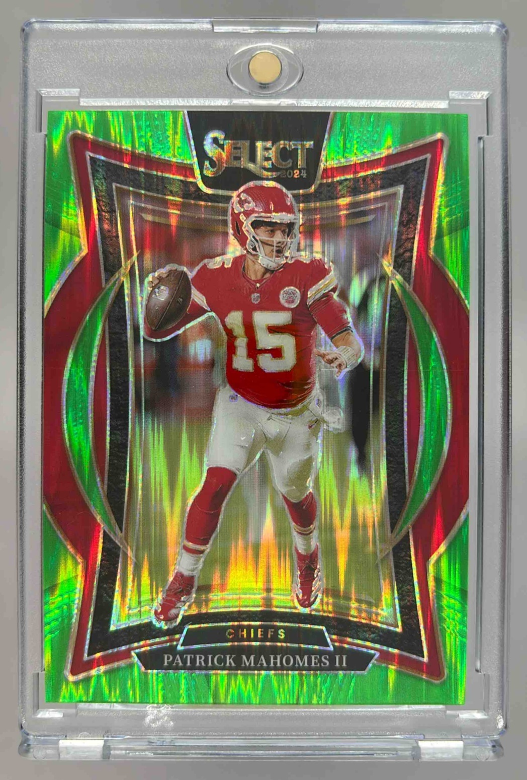 Card image for 2024 Panini Select Patrick Mahomes II Concourse Neon Green Prizm Shock /599 #33 Chiefs