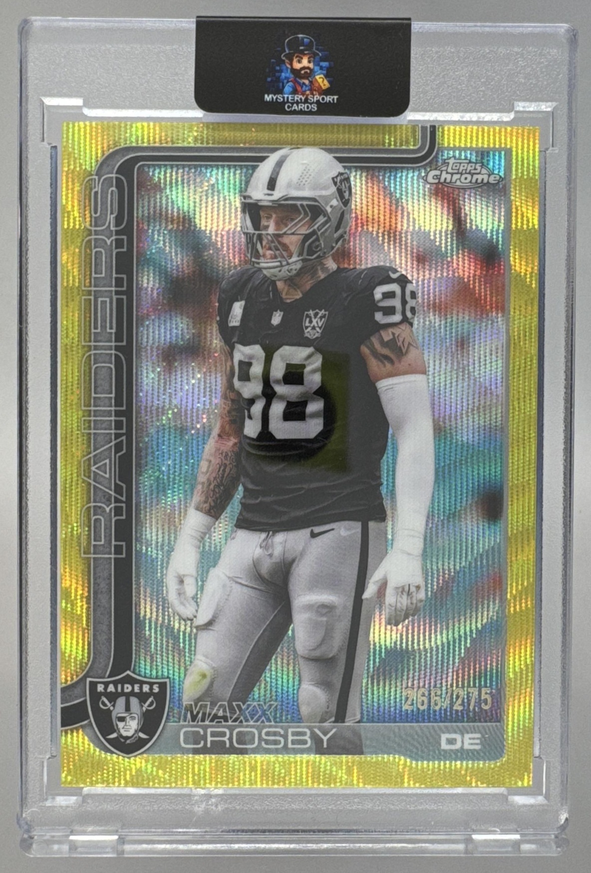 Card image for 2025 Topps Chrome Maxx Crosby Yellow Wave Refractor /275 #180 Raiders
