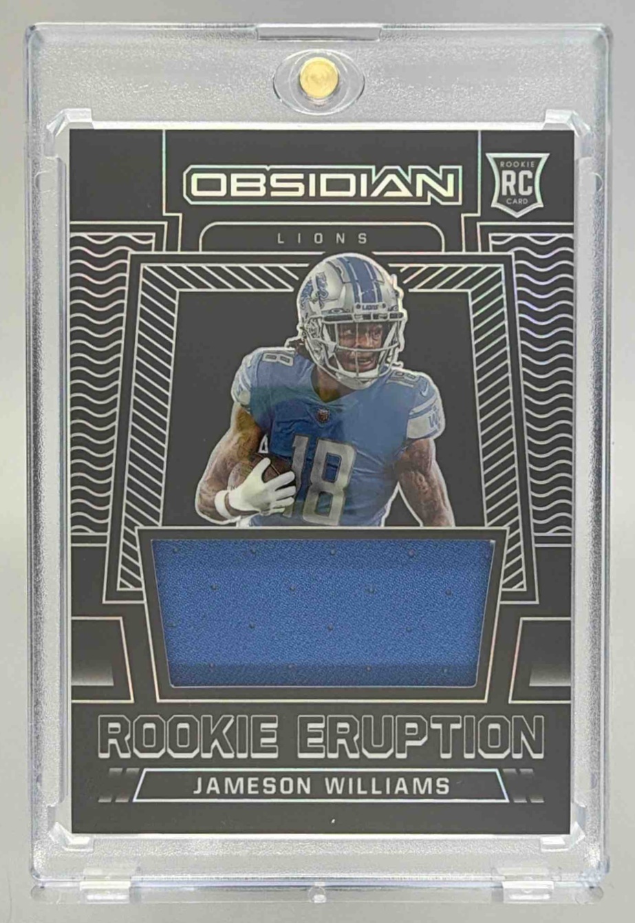 Card image for 2022 Panini Obsidian Jameson Williams Rookie Eruption /100 #RE-JWI RC Lions