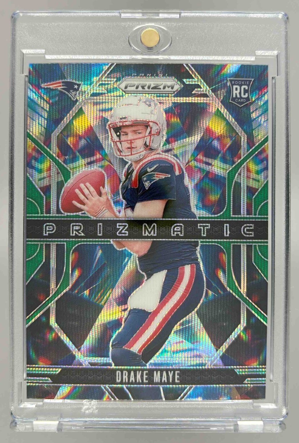 Card image for 2024 Panini Football Prizm Drake Maye Prizmatic Green #2 RC New England Patriots