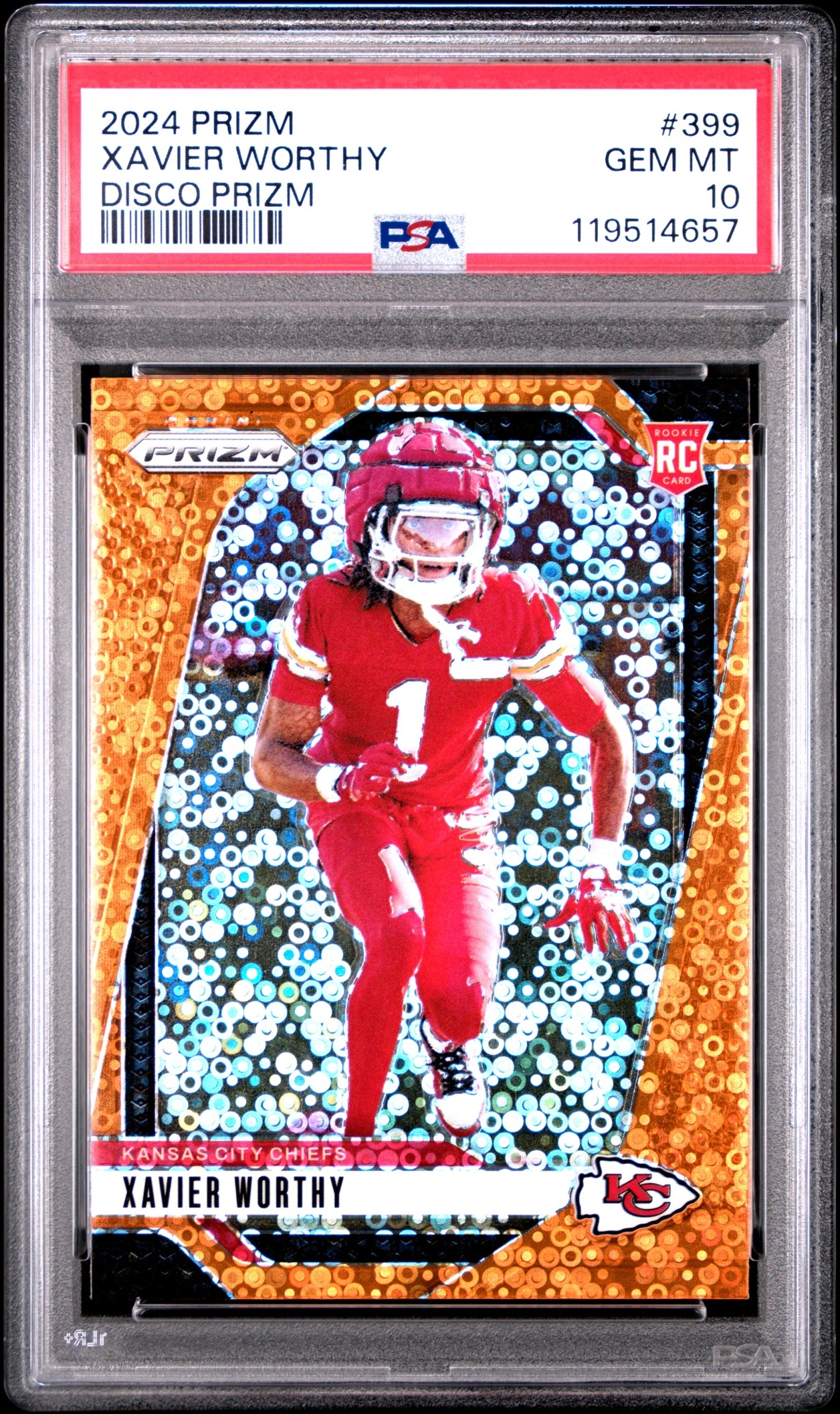Card image for 2024 Panini Football Prizm Xavier Worthy Disco #399 RC Kansas City Chiefs