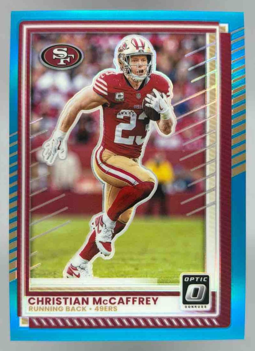 Card image for 2025 Panini Donruss Optic Christian McCaffrey Aqua Prizm /349 #119 49ers