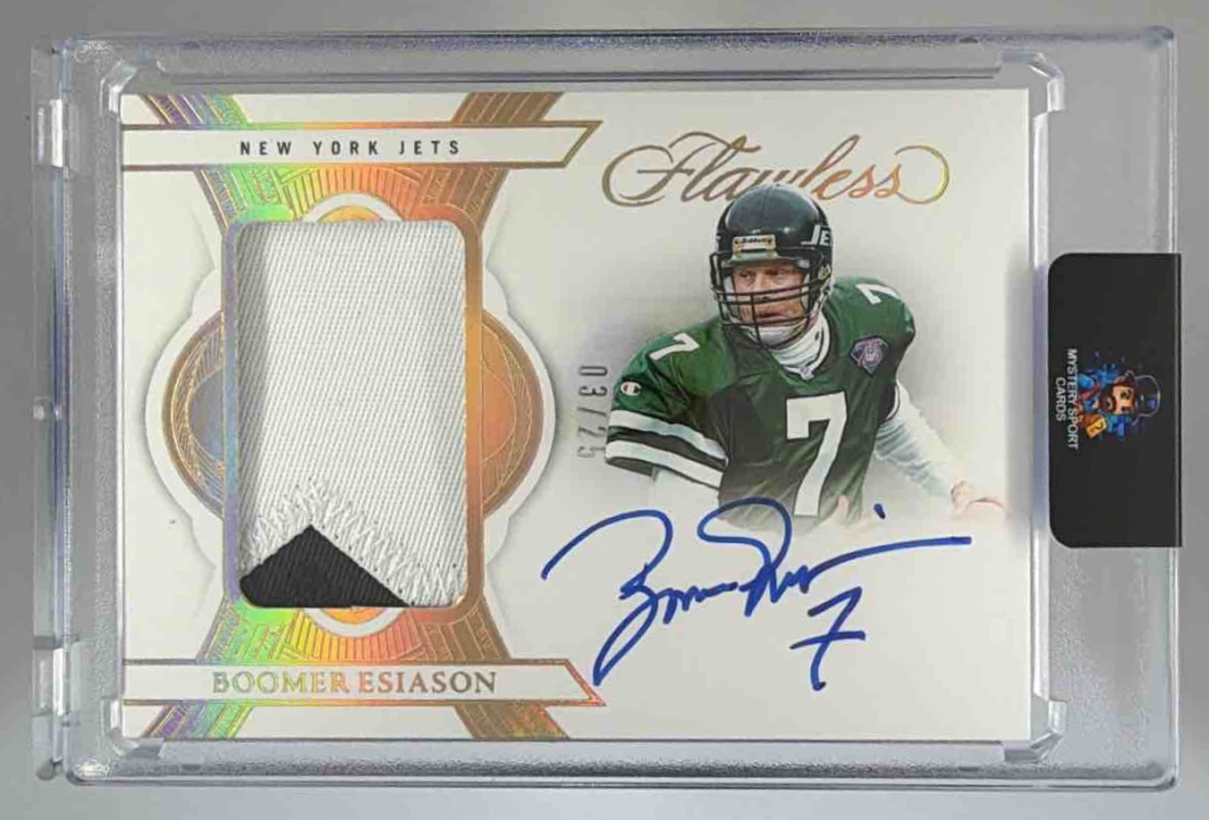 Card image for 2025 Panini Flawless Boomer Esiason Patch Auto /25 #46 MEM Jets