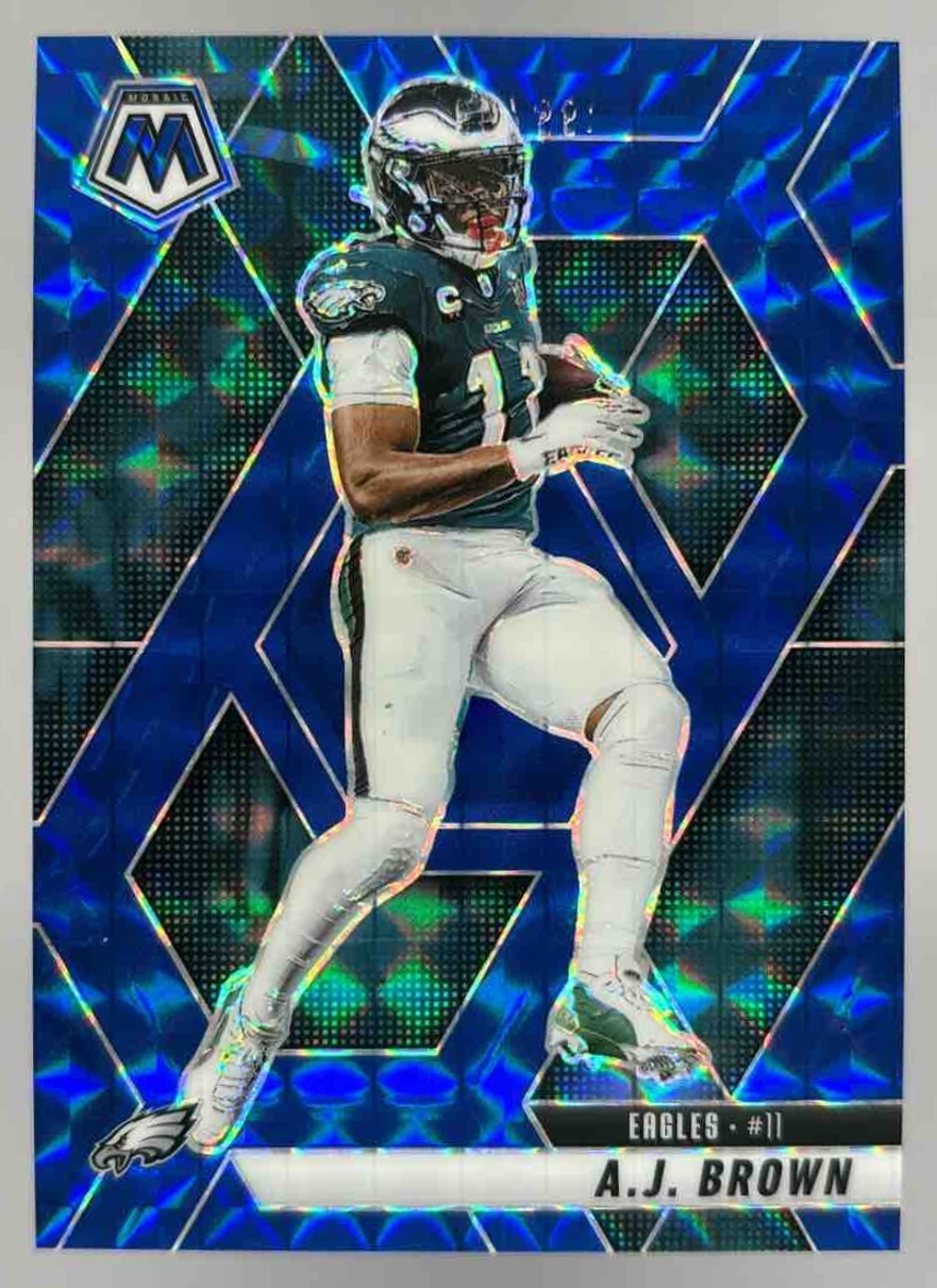 Card image for 2025 Panini Football Mosaic A.J. Brown Blue Prizm /99 #78 Philadelphia Eagles