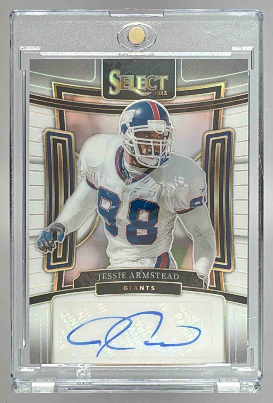 Card image for 2023 Panini Select Jessie Armstead Signatures Light Blue Prizm /49 #SIG-JAR Giants