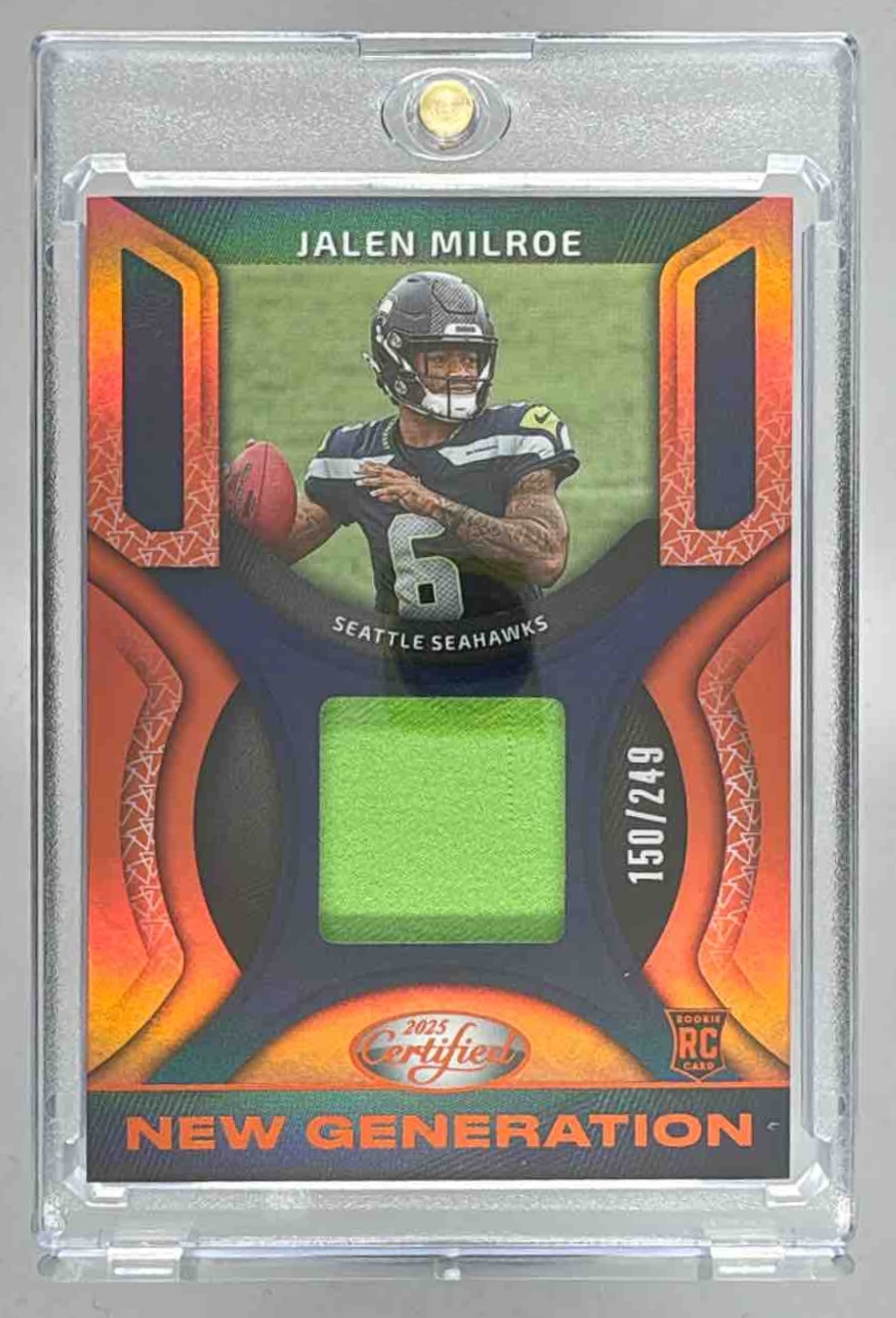 Card image for 2025 Panini Certified Jalen Milroe New Generation Jerseys Mirror Orange /249 #NGJ-JME Seahawks