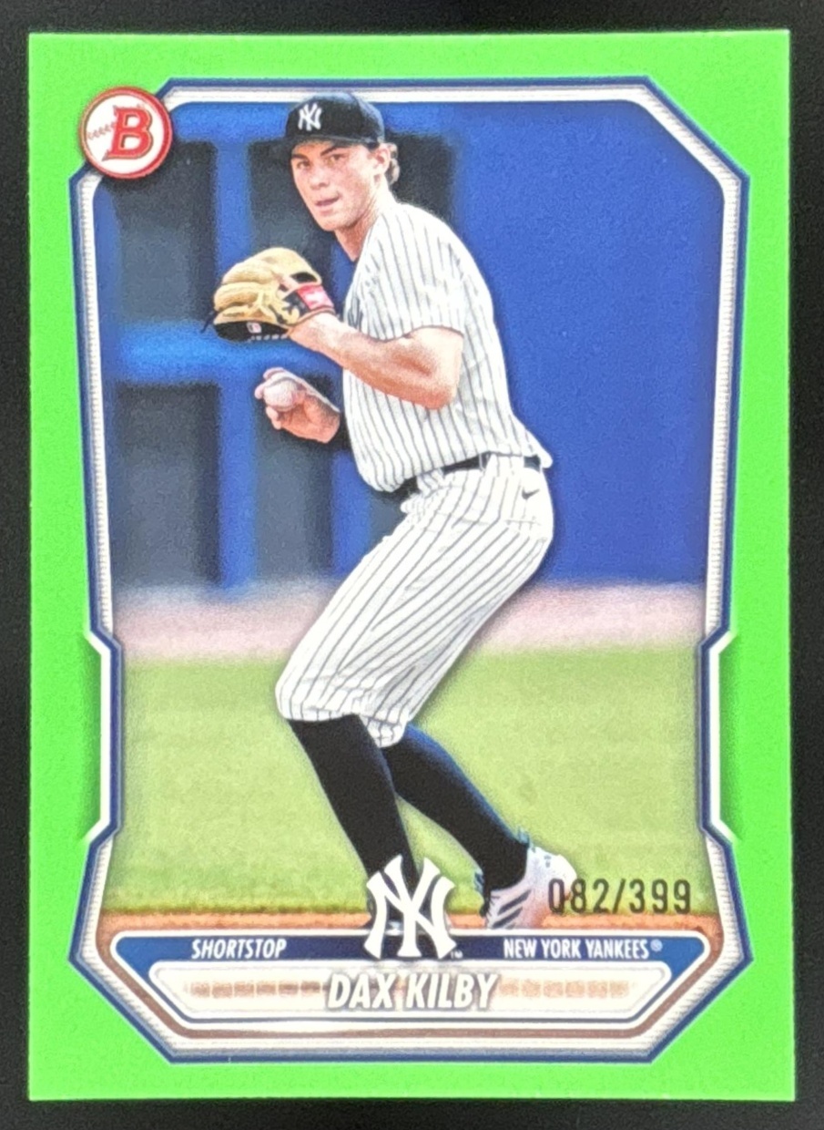 Card image for Dax Kilby 2026 Bowman Neon Green Border /399 Prospects New York Yankees