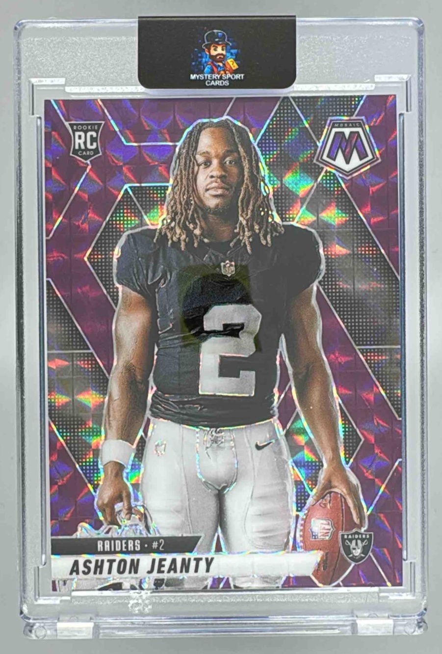 Card image for 2025 Panini Mosaic Ashton Jeanty Rookie Variation Purple Prizm /49 #287 RC Raiders