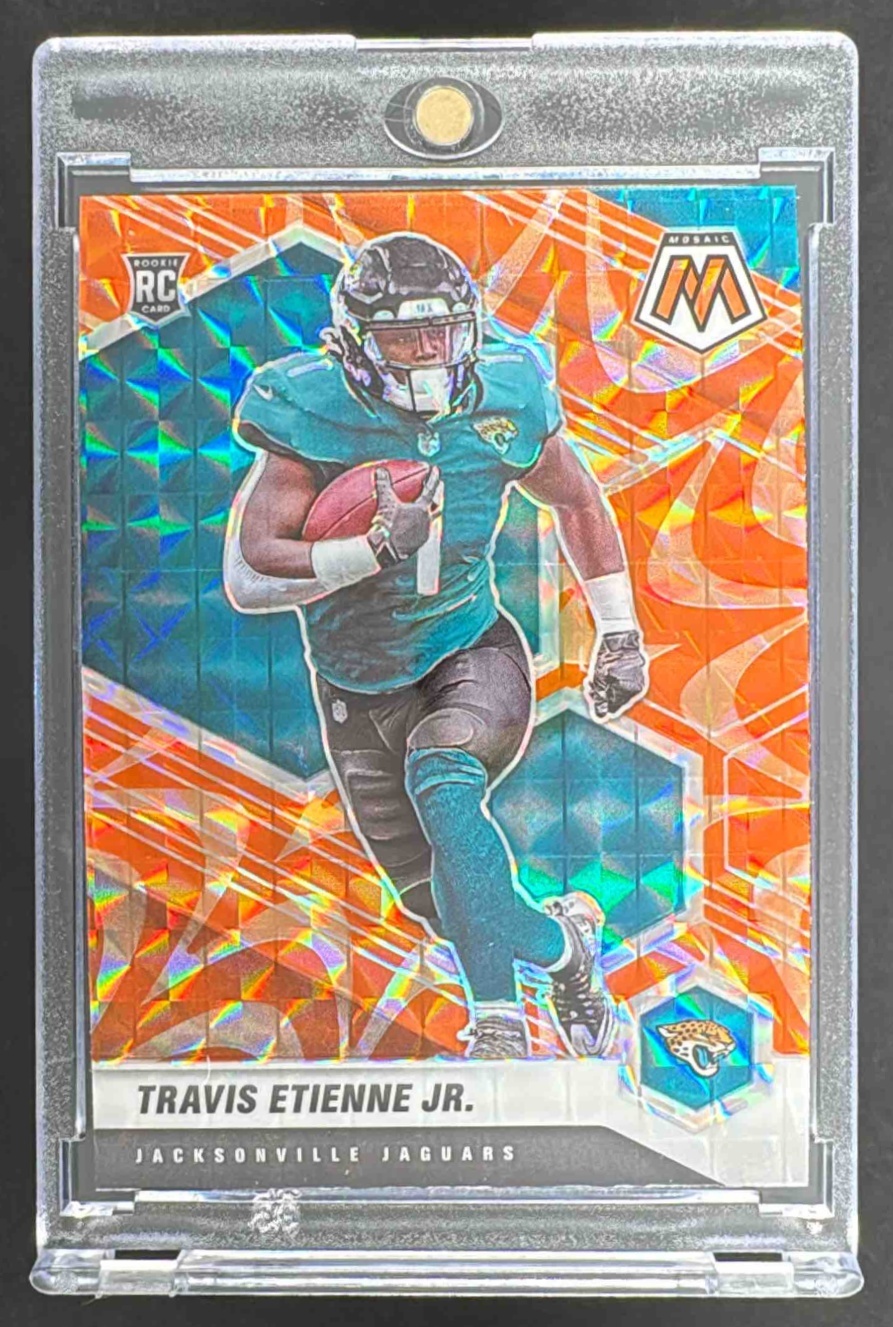 Card image for 2021 Panini Mosaic Travis Etienne Jr. Prizm Reactive Orange #314 RC Jaguars