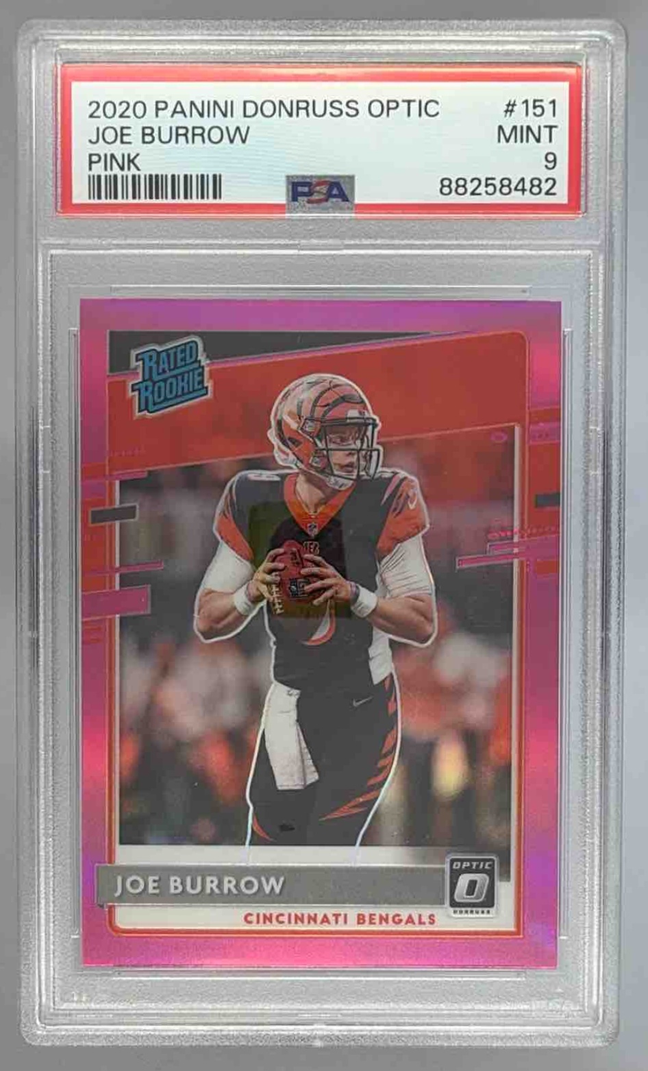 Card image for 2020 Panini Donruss Optic Joe Burrow Pink Prizm #151 RC Bengals