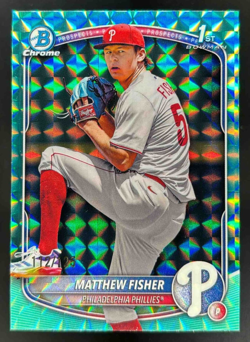 Card image for 2025 Bowman Draft Matthew Fisher Chrome Aqua Geometric Refractor /125 1st