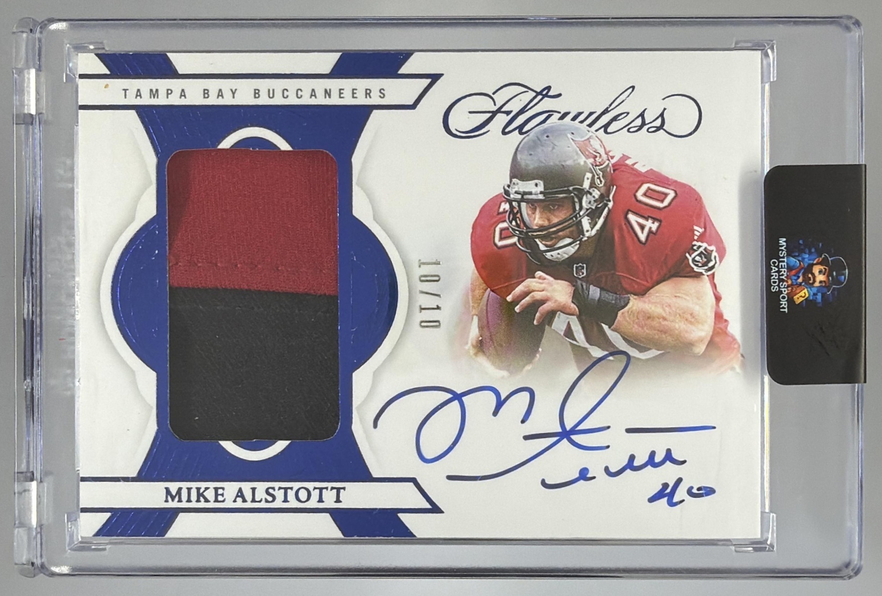 Card image for 2025 Panini Flawless Mike Alstott Patch Auto Sapphire /10 #50 MEM Buccaneers