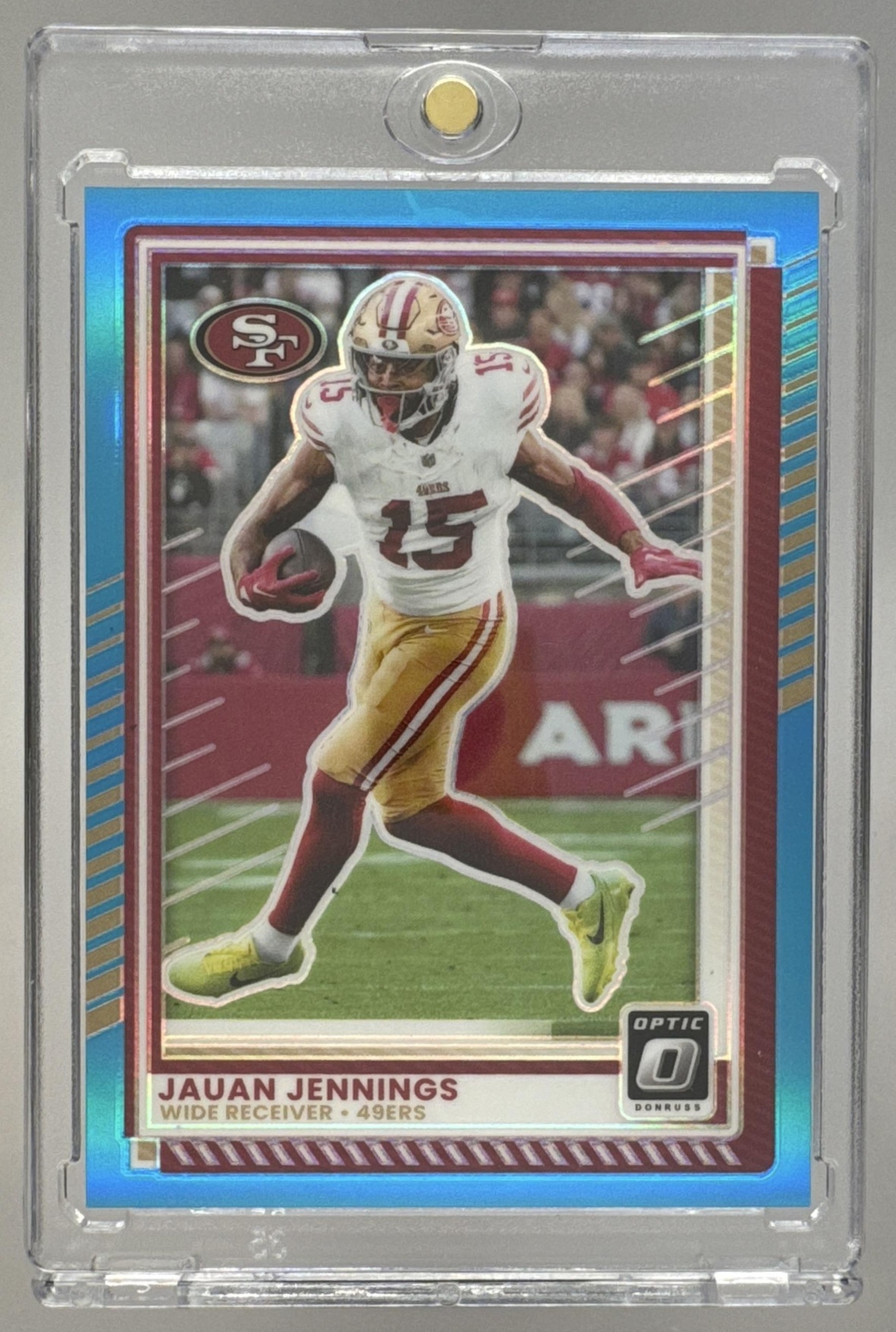 Card image for 2025 Panini Donruss Optic Jauan Jennings Neon Blue Prizm /399 #194 49ers