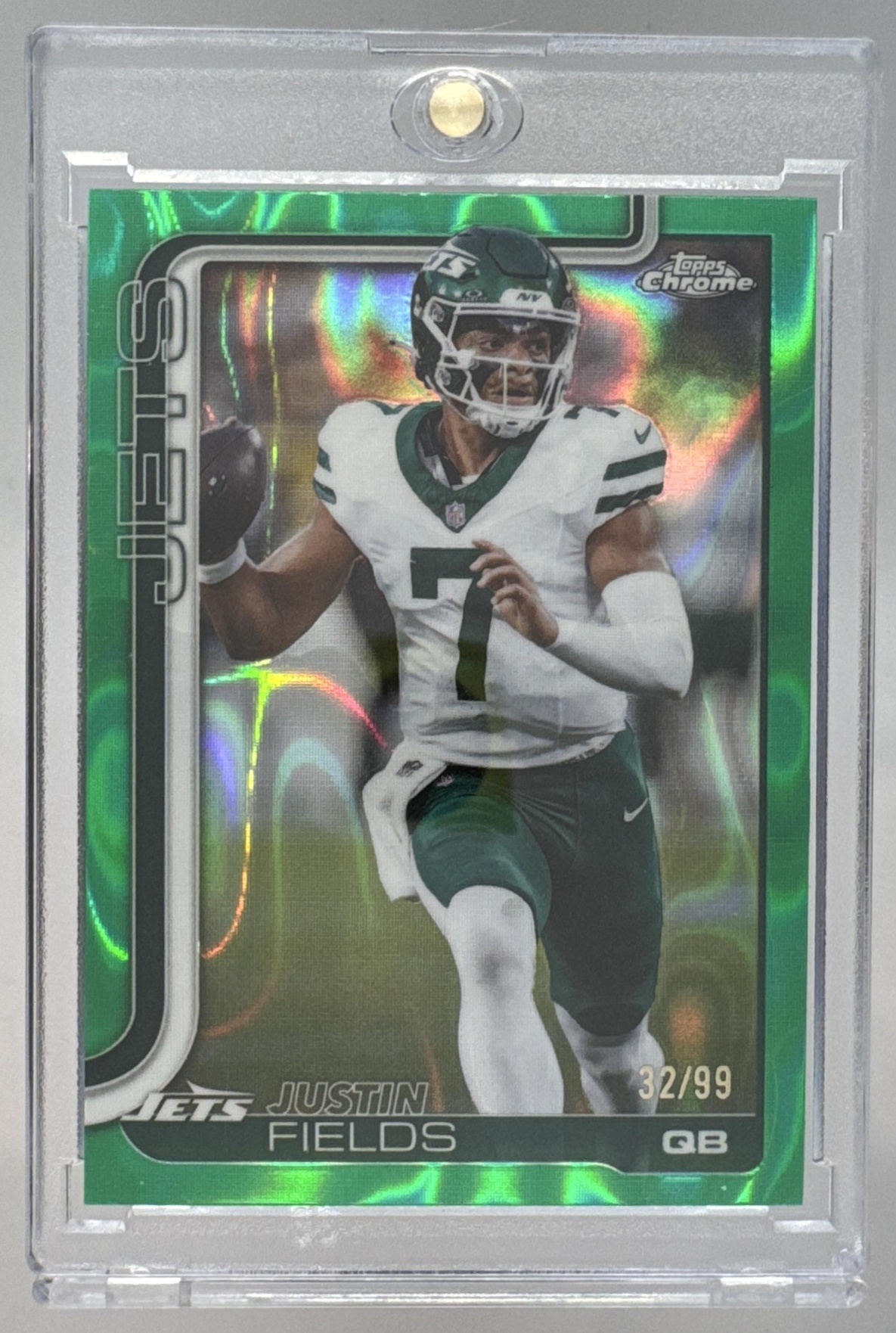 Card image for 2025 Topps Chrome Justin Fields Football Leather Green Refractor /99 #237 Jets