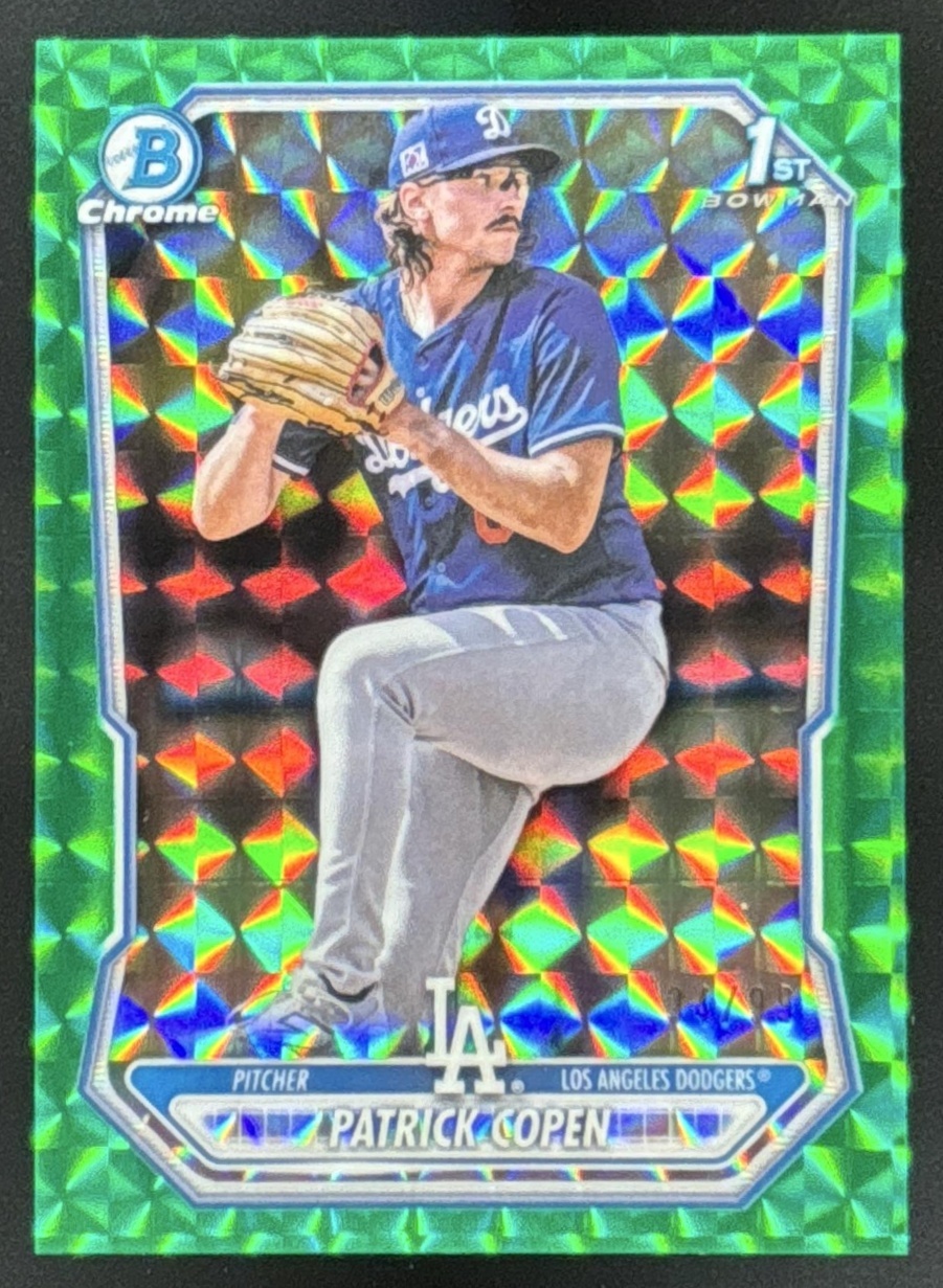 Card image for 2026 Bowman Patrick Copen Chrome Green Geometric Refractor /99 1st Prospect