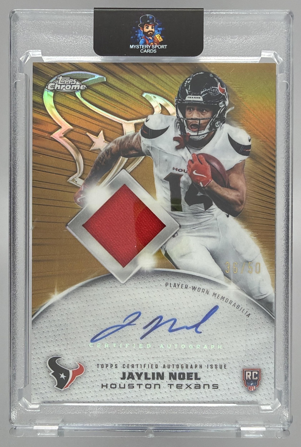 Card image for 2025 Topps Chrome Jaylin Noel Rookie Patch Auto Gold Refractor /50 #RPA-JN MEM RC Texans