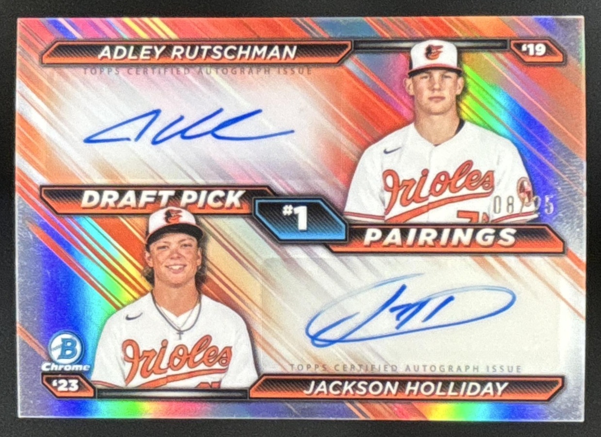 Card image for 2026 Bowman Adley Rutschman Jackson Holliday Draft Pick Pairings Dual Auto /25