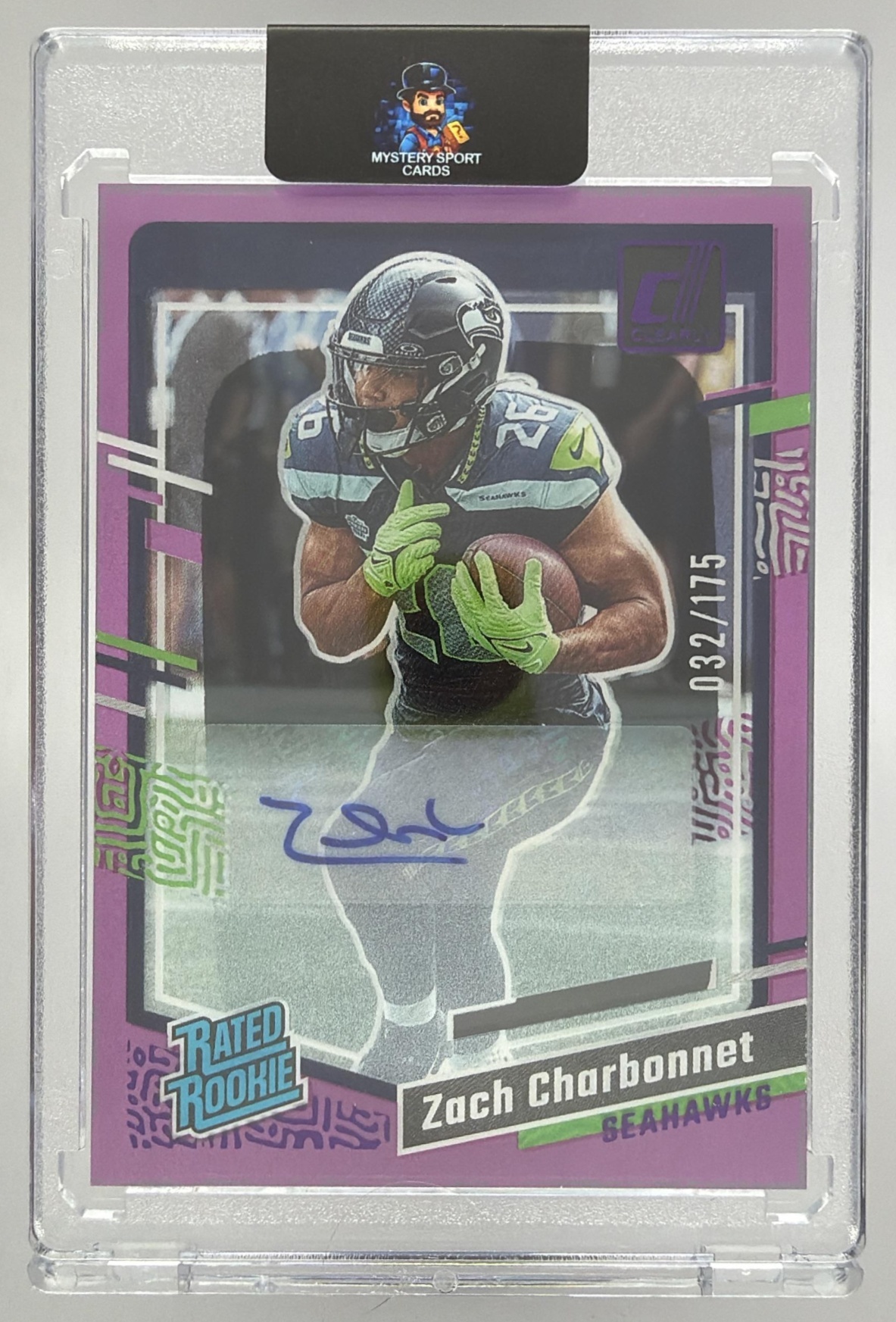 Card image for 2023 Panini Clearly Donruss Zach Charbonnet Rated Rookie Auto Purple /175 #91 RC Seahawks