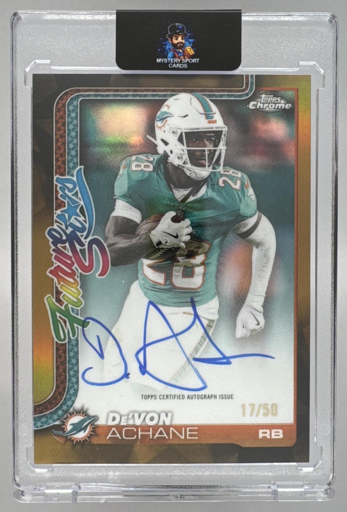 Card image for 2025 Topps Chrome De'Von Achane Future Stars Auto Gold Refractor /50 #FSA-DA Dolphins