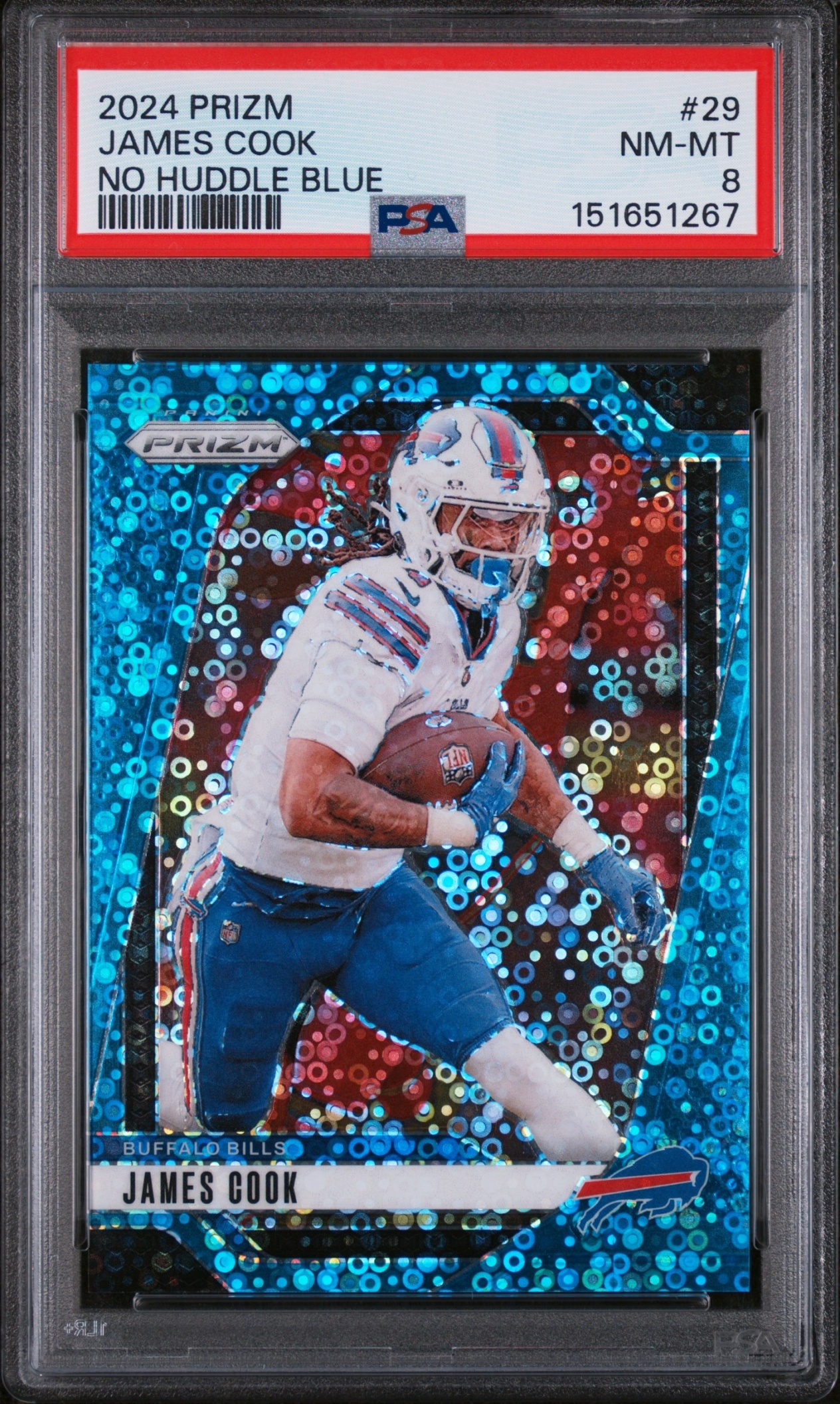 Card image for 2024 Panini Football Prizm James Cook No Huddle Blue /99 #29 Buffalo Bills
