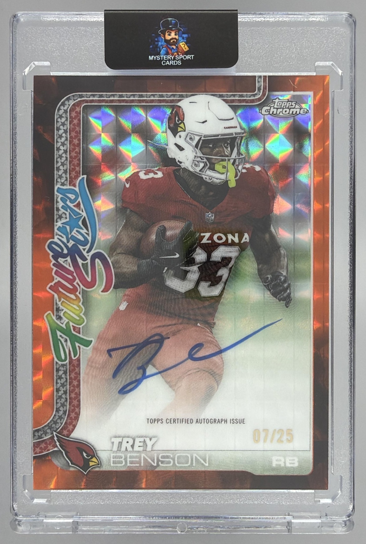Card image for 2025 Topps Chrome Trey Benson Future Stars Auto Orange Geometric Refractor /25 #FSA-TB Cardinals