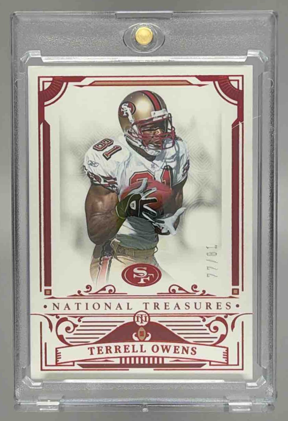 Card image for 2025 Panini National Treasures Terrell Owens Jersey Number Red /81 #90 49ers