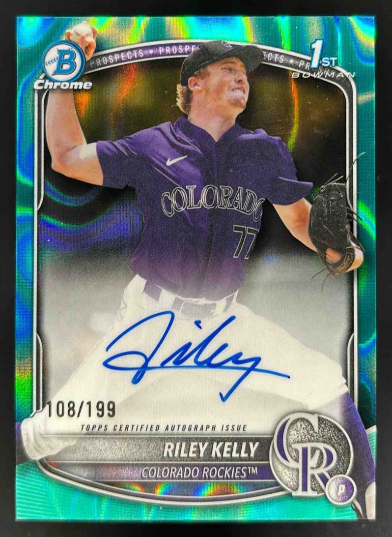 Card image for 2025 Bowman Draft Riley Kelly Chrome Auto Aqua Lava Refractor /199 1st Prospect