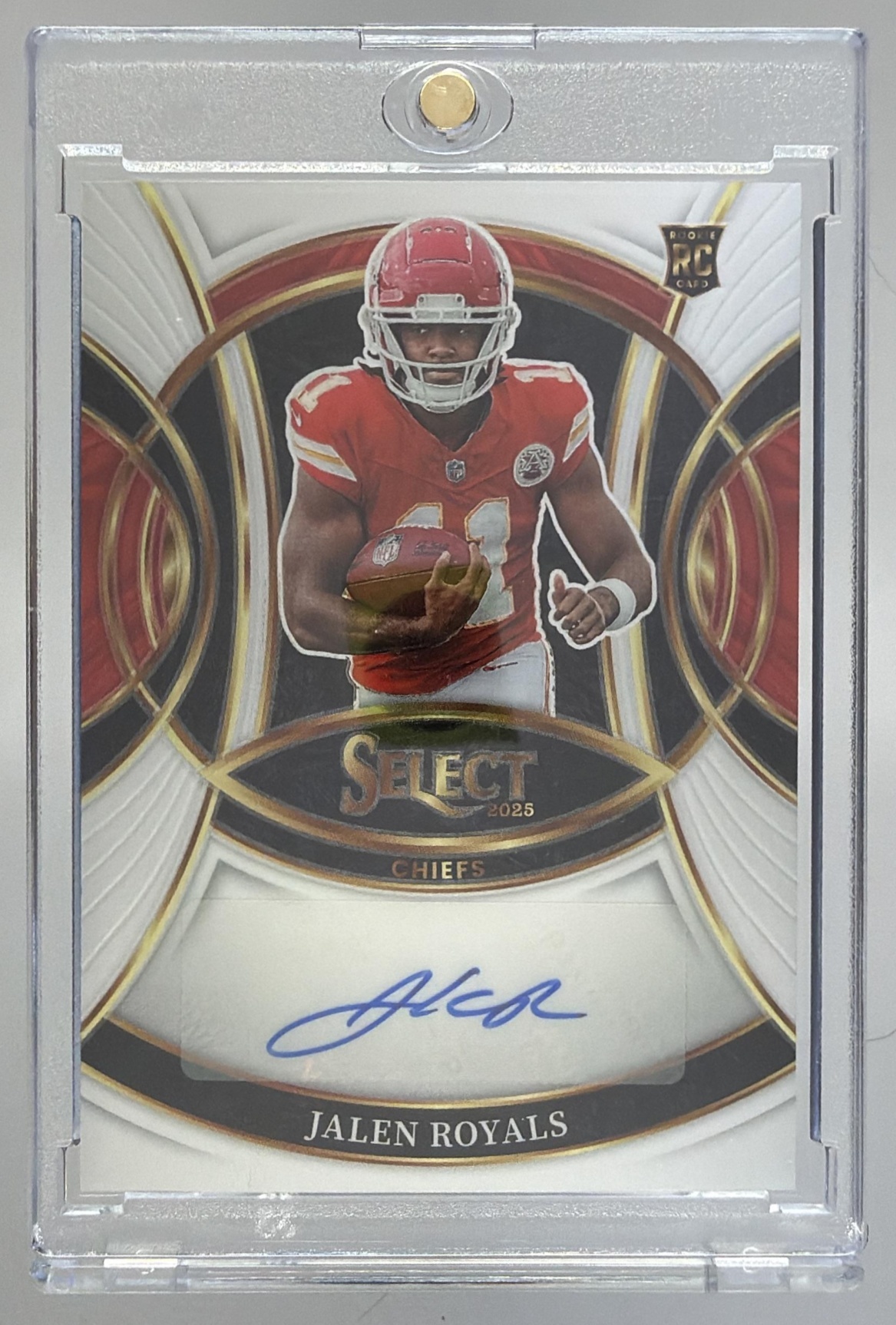 Card image for 2025 Panini Select Jalen Royals Rookie Signatures Silver Prizm #RSI-JRS RC Auto Chiefs