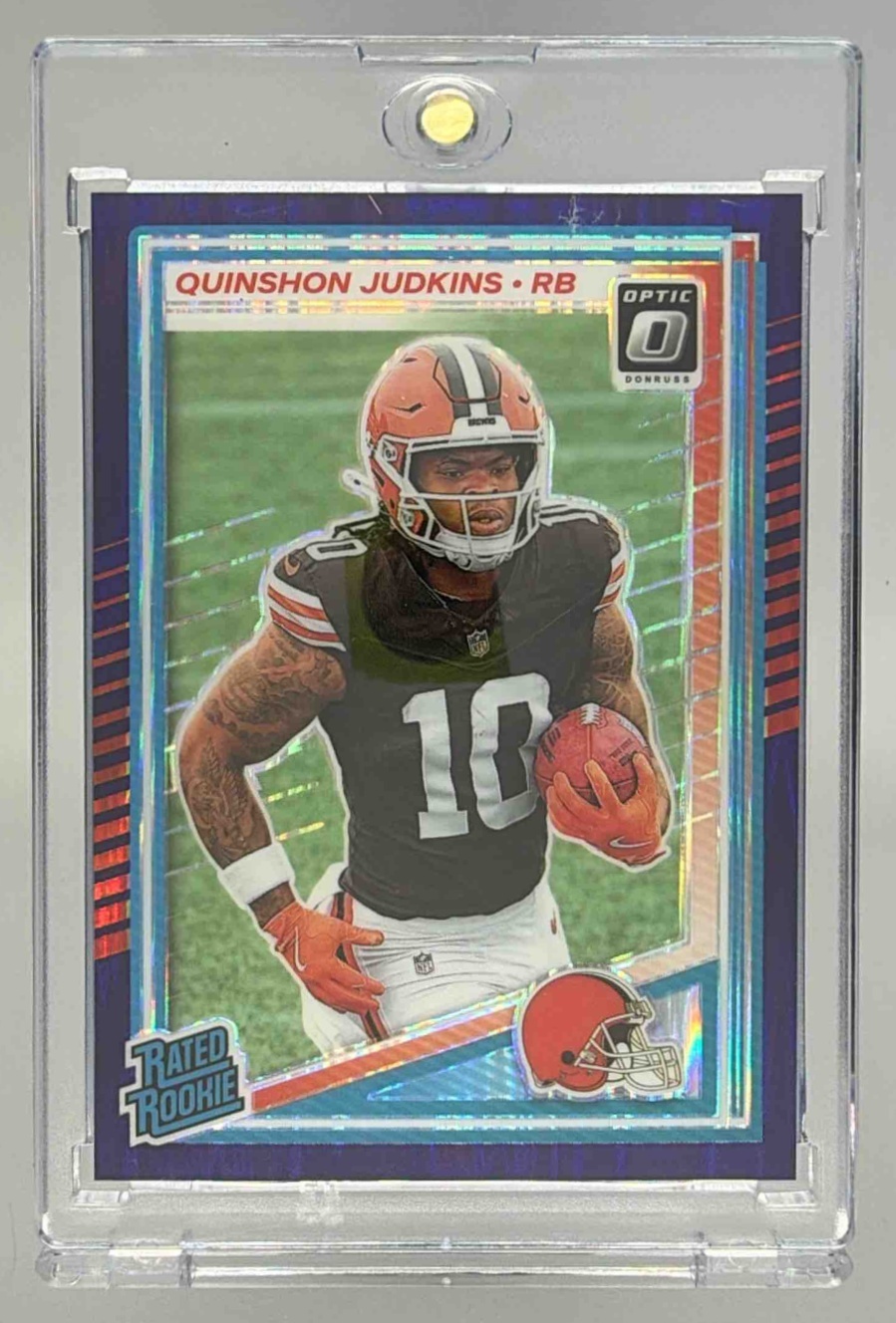 Card image for 2025 Panini Donruss Optic Quinshon Judkins Rated Rookie Purple Shock Prizm #252 Browns