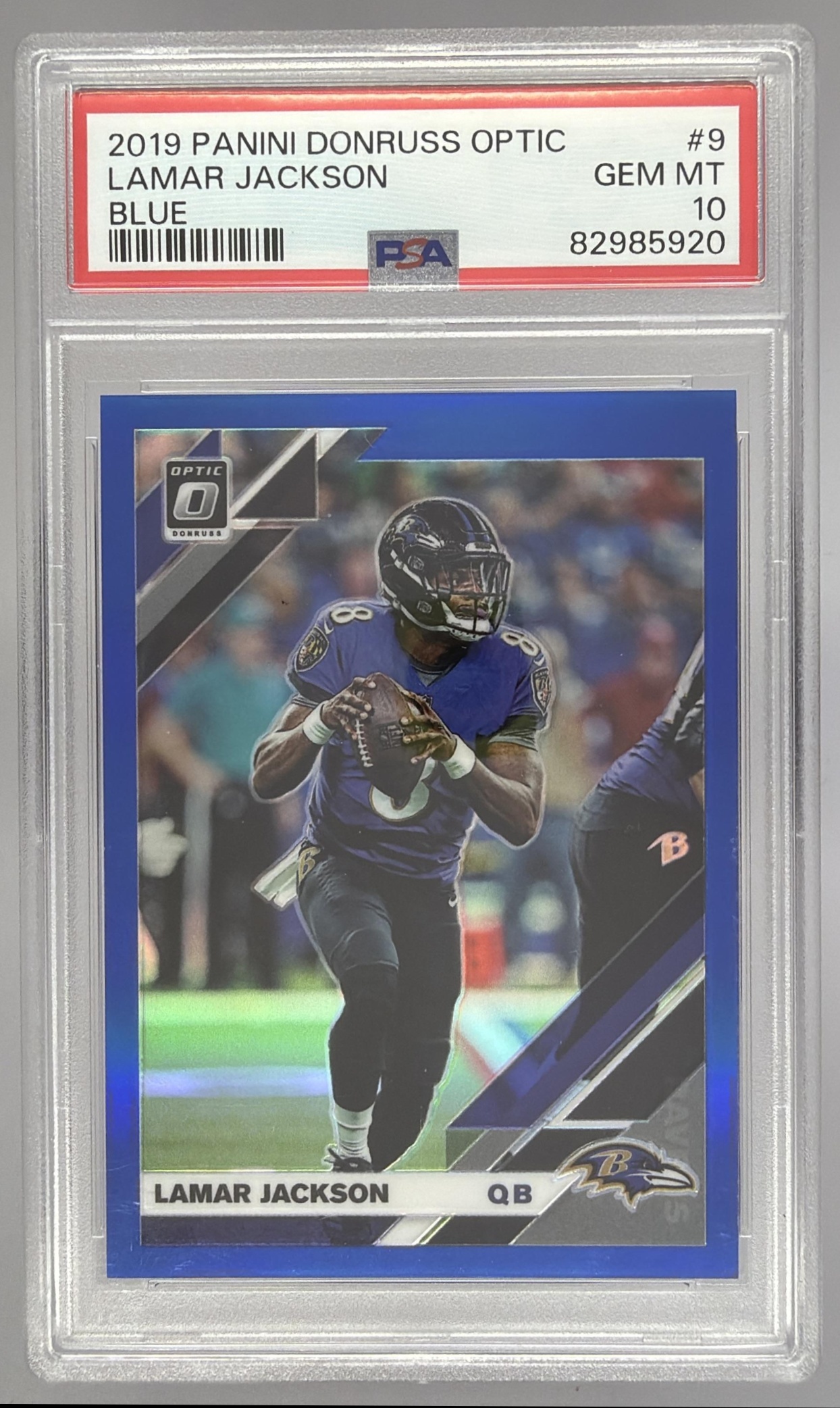 Card image for 2019 Panini Football Donruss Optic Lamar Jackson Blue /150 #9 Baltimore Ravens