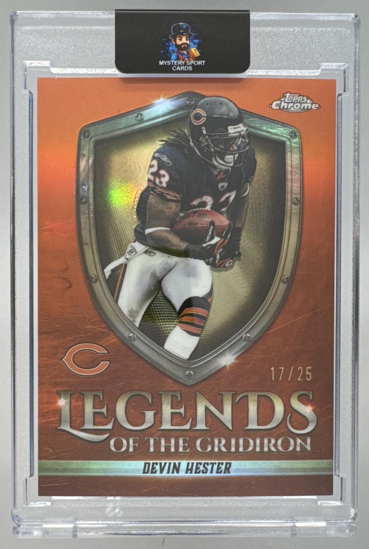 Card image for 2025 Topps Chrome Devin Hester Legends of the Gridiron Orange Refractor /25 #LOG-37 Bears