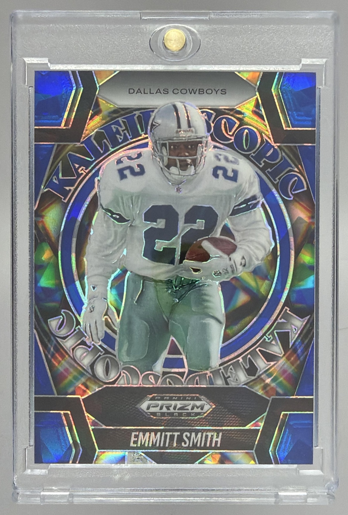 Card image for 2025 Panini Prizm Black Emmitt Smith Kaleidoscopic Blue Ice /125 #7 Cowboys