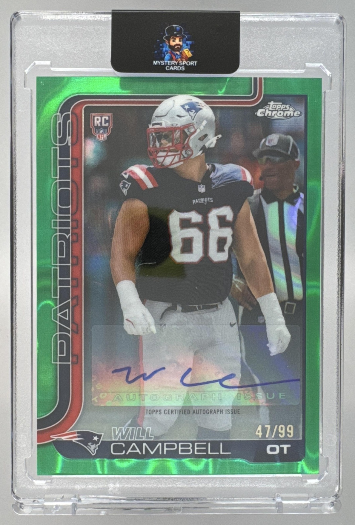 Card image for 2025 Topps Chrome Will Campbell Rookie Auto Green Geometric Refractor /99 #RA-WC RC Patriots