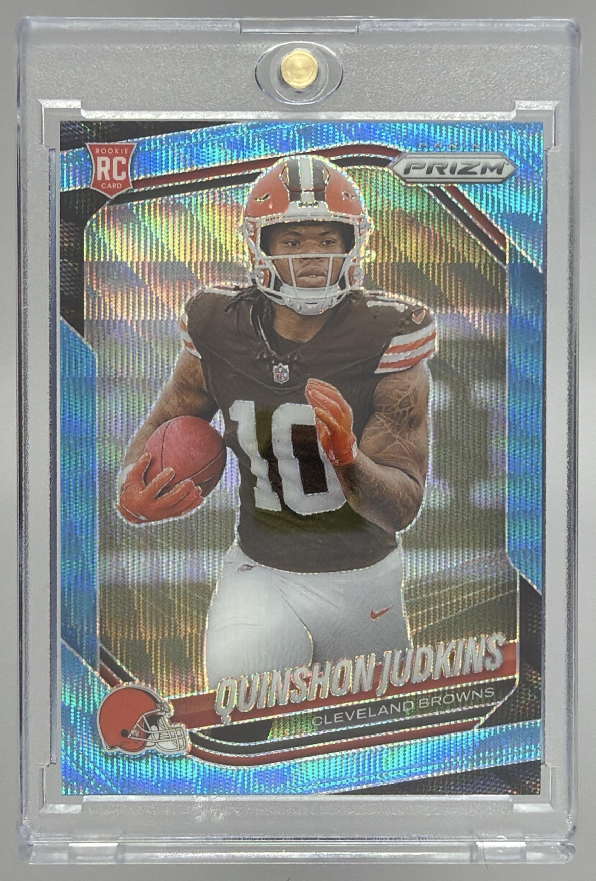Card image for 2025 Panini Prizm Quinshon Judkins Blue Wave /230 #313 RC Browns