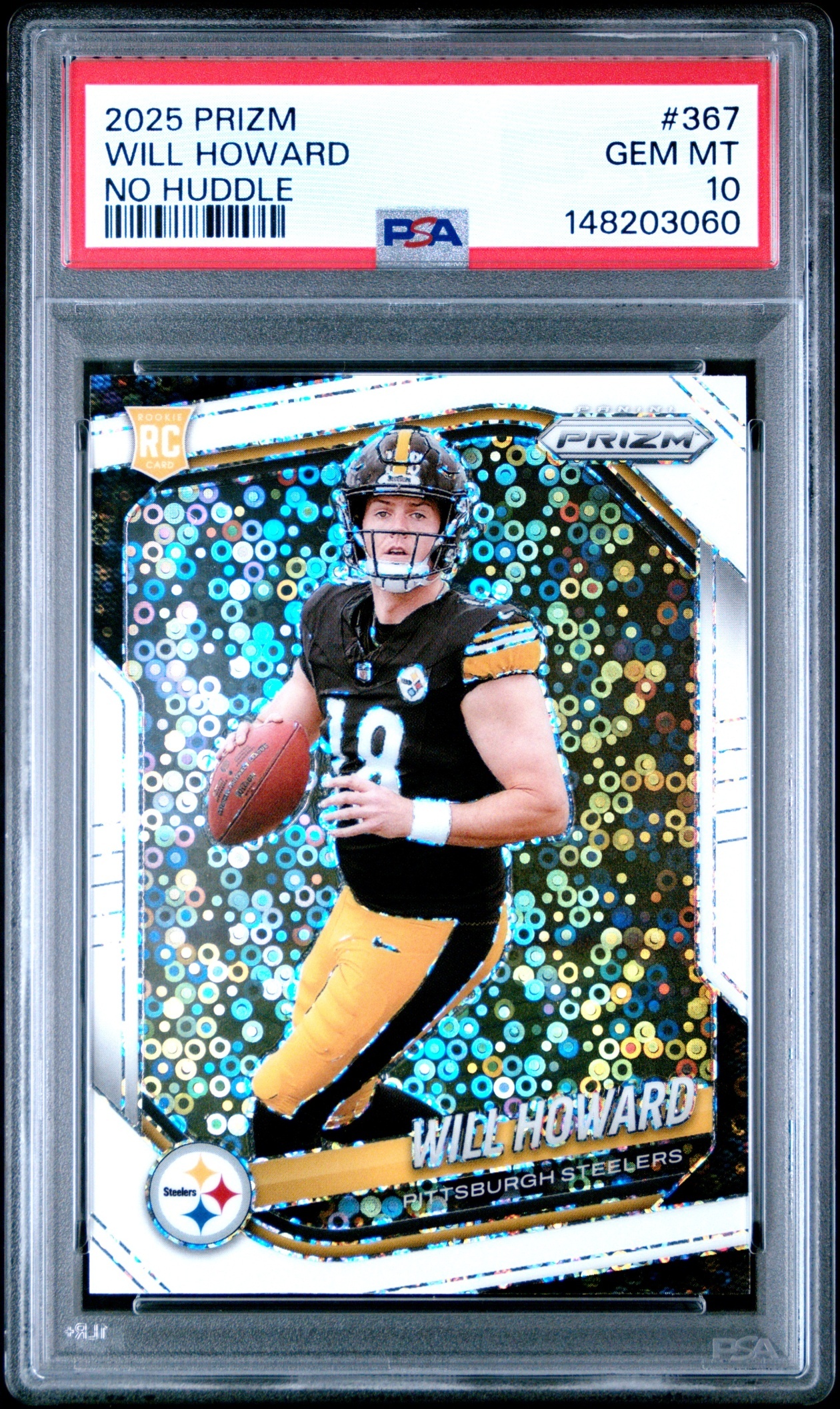 Card image for 2025 Panini Football Prizm Will Howard No Huddle #367 RC Pittsburgh Steelers