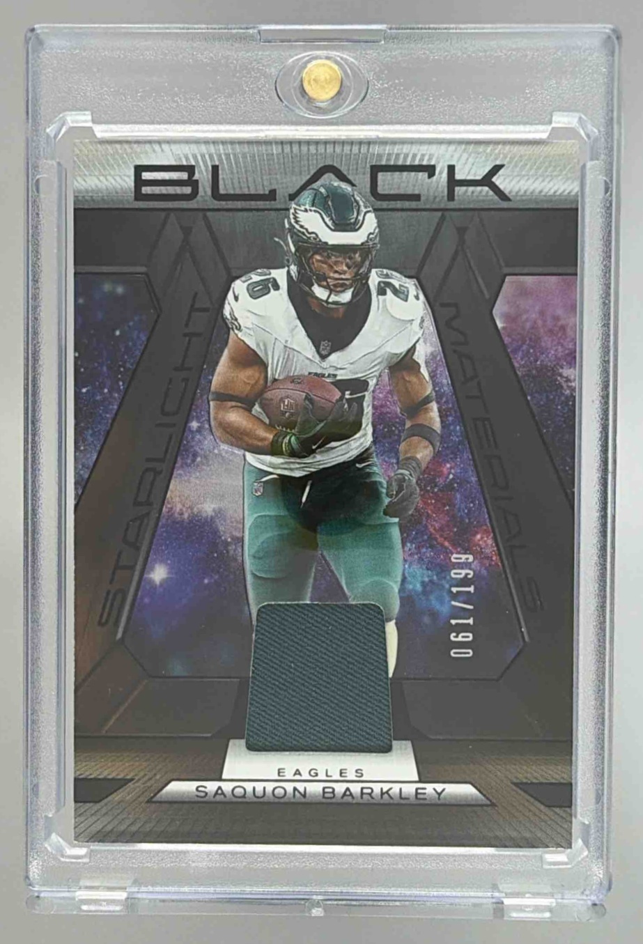 Card image for 2025 Panini Black Saquon Barkley Starlight Materials /199 #SMA-SBA MEM Eagles