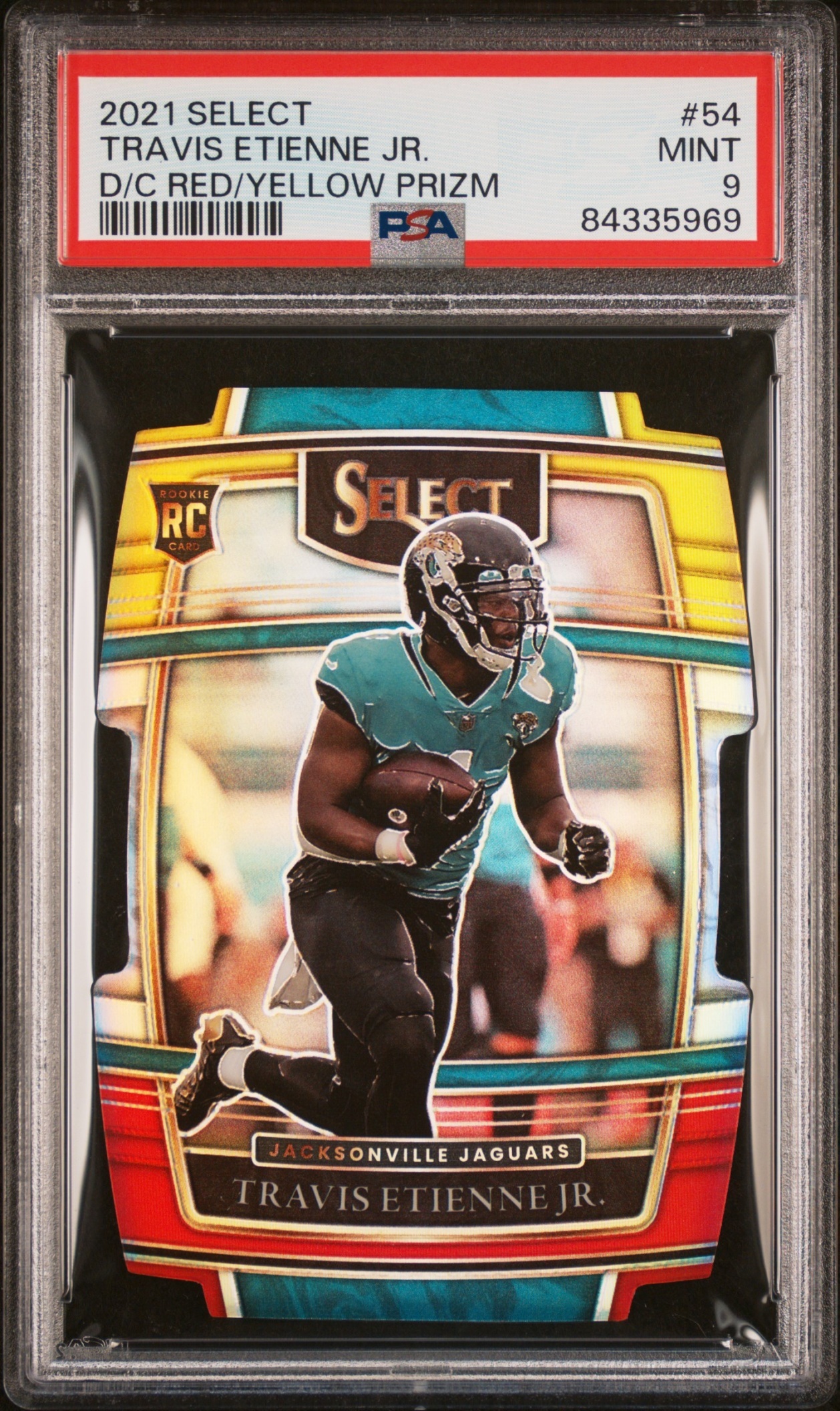 Card image for 2021 Panini Select Travis Etienne Jr. Green Prizm /5 #54 RC Concourse Jaguars